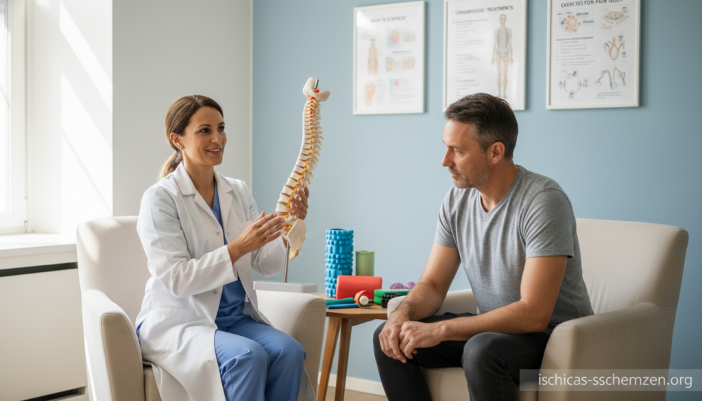 A calm and serene medical consultation room, with natural light streaming through a large window, illuminating a cozy patient chair and a small wooden table featuring therapeutic tools. In the foreground, a healthcare professional in a white coat, holding a model of the spine, explains conservative treatment options for sciatica pain to a patient seated in the chair, who is dressed in modest casual clothing. Behind them, a wall with educational posters about sciatica and treatment methods adds context. The atmosphere is supportive and informative, promoting healing and comfort. The scene captures a moment of understanding and empathy in a professional setting, symbolizing conservative medical treatment for sciatica pain. Add a subtle watermark of "ischias-schmerzen.org" in the corner. A calm and serene medical consultation room, with natural light streaming through a large window, illuminating a cozy patient chair and a small wooden table featuring therapeutic tools. In the foreground, a healthcare professional in a white coat, holding a model of the spine, explains conservative treatment options for sciatica pain to a patient seated in the chair, who is dressed in modest casual clothing. Behind them, a wall with educational posters about sciatica and treatment methods adds context. The atmosphere is supportive and informative, promoting healing and comfort. The scene captures a moment of understanding and empathy in a professional setting, symbolizing conservative medical treatment for sciatica pain. Add a subtle watermark of "ischias-schmerzen.org" in the corner.