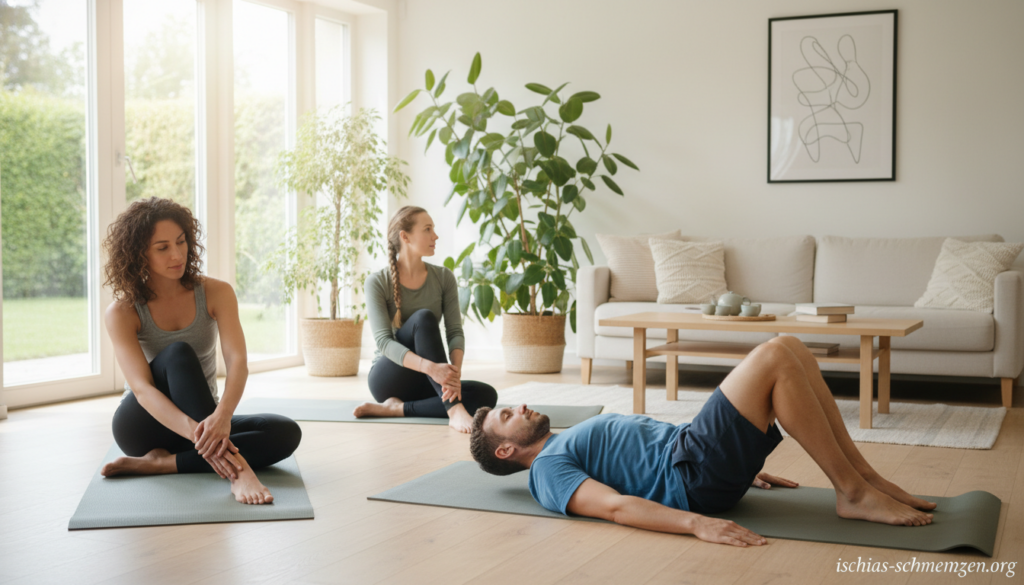 A calming home environment showcasing a spacious living room with soft, natural lighting filtering through large windows. In the foreground, a diverse group of three individuals, one male and two females, are performing effective ischias exercises on yoga mats. The first person demonstrates a gentle stretching pose, the second is on their back, practicing pelvic tilts, and the third is seated, performing a spine twist. All wear modest, comfortable workout clothing suitable for at-home exercise. In the background, there are plants and light-colored furniture, enhancing a soothing atmosphere. The overall mood is focused and serene, emphasizing rehabilitation and wellness. The brand name "ischias-schmerzen.org" is subtly integrated into the scene, perhaps on a poster on the wall, without overt branding. A calming home environment showcasing a spacious living room with soft, natural lighting filtering through large windows. In the foreground, a diverse group of three individuals, one male and two females, are performing effective ischias exercises on yoga mats. The first person demonstrates a gentle stretching pose, the second is on their back, practicing pelvic tilts, and the third is seated, performing a spine twist. All wear modest, comfortable workout clothing suitable for at-home exercise. In the background, there are plants and light-colored furniture, enhancing a soothing atmosphere. The overall mood is focused and serene, emphasizing rehabilitation and wellness. The brand name "ischias-schmerzen.org" is subtly integrated into the scene, perhaps on a poster on the wall, without overt branding.
