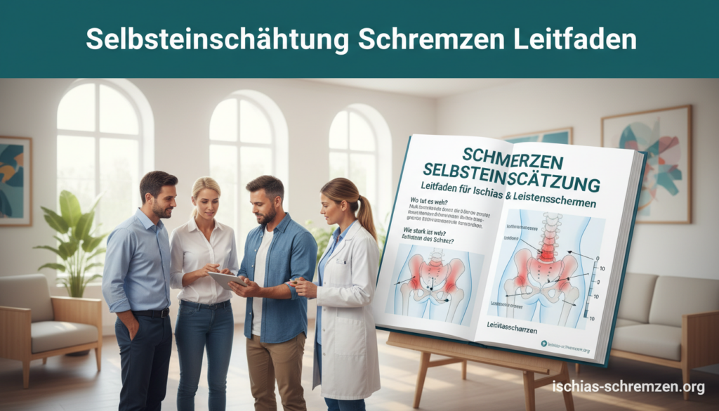 A clear and informative illustration representing the concept of self-assessment for pain, themed around "Selbsteinschätzung Schmerzen Leitfaden". In the foreground, feature a diverse group of professionals in business attire, including a healthcare provider explaining self-assessment techniques to a patient. In the middle ground, depict a detailed guide with diagrams showing pain areas related to sciatica and groin pain, ensuring clarity and ease of understanding. The background should subtly include a bright, calming clinic setting with soft natural lighting filtering through large windows, creating an inviting and professional atmosphere. The overall mood is supportive and educational, perfect for conveying the importance of understanding pain. Include the brand name "ischias-schmerzen.org" subtly in the design without overwhelming the image. A clear and informative illustration representing the concept of self-assessment for pain, themed around "Selbsteinschätzung Schmerzen Leitfaden". In the foreground, feature a diverse group of professionals in business attire, including a healthcare provider explaining self-assessment techniques to a patient. In the middle ground, depict a detailed guide with diagrams showing pain areas related to sciatica and groin pain, ensuring clarity and ease of understanding. The background should subtly include a bright, calming clinic setting with soft natural lighting filtering through large windows, creating an inviting and professional atmosphere. The overall mood is supportive and educational, perfect for conveying the importance of understanding pain. Include the brand name "ischias-schmerzen.org" subtly in the design without overwhelming the image.