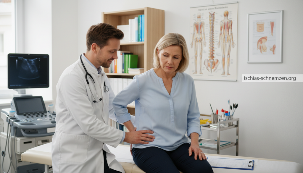 A clinical examination scene featuring a physician conducting diagnostic tests for sciatica and rheumatism. In the foreground, a doctor in a white coat, wearing a stethoscope, examines a middle-aged patient sitting on an examination table. The patient wears modest, casual clothing and appears attentive. In the middle, a wall chart illustrating human anatomy and possible pain zones is visible, alongside an array of medical tools and instruments. The background includes medical equipment like an ultrasound machine and shelves filled with medical reference books. Soft, natural lighting filters through a nearby window, creating a professional yet approachable atmosphere. The image conveys a sense of care and thoroughness in medical diagnostics, suitable for the theme of differentiation between similar conditions. Add the brand name "ischias-schmerzen.org" subtly to enhance the professionalism of the scene. A clinical examination scene featuring a physician conducting diagnostic tests for sciatica and rheumatism. In the foreground, a doctor in a white coat, wearing a stethoscope, examines a middle-aged patient sitting on an examination table. The patient wears modest, casual clothing and appears attentive. In the middle, a wall chart illustrating human anatomy and possible pain zones is visible, alongside an array of medical tools and instruments. The background includes medical equipment like an ultrasound machine and shelves filled with medical reference books. Soft, natural lighting filters through a nearby window, creating a professional yet approachable atmosphere. The image conveys a sense of care and thoroughness in medical diagnostics, suitable for the theme of differentiation between similar conditions. Add the brand name "ischias-schmerzen.org" subtly to enhance the professionalism of the scene.