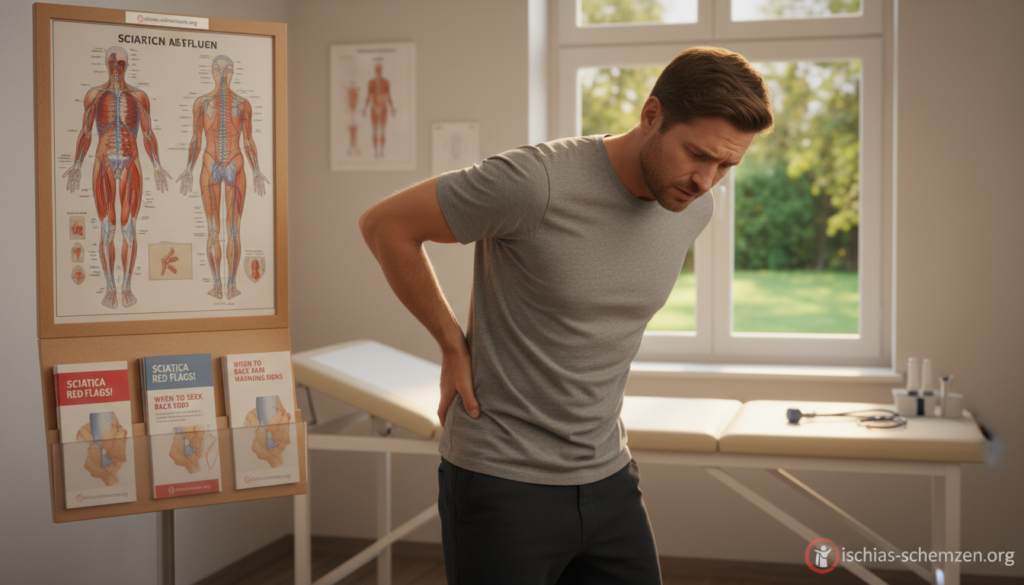 A clinical setting illustrating the concept of recognizing warning signs for sciatica pain. In the foreground, a concerned individual, dressed in modest casual clothing, holds their lower back with a worried expression, signifying discomfort. In the middle ground, an anatomical chart depicting the sciatic nerve and potential areas of pain is displayed, alongside health brochures emphasizing "red flags". The background features a softly lit doctor's office, with medical equipment subtly arranged to convey a sense of urgency and professionalism. Warm, ambient lighting enhances the mood of concern, while a window shows a glimpse of a tranquil outdoors, contrasting the internal struggle with pain. The brand name "ischias-schmerzen.org" is subtly incorporated into the image without text overlays, enhancing the thematic focus. A clinical setting illustrating the concept of recognizing warning signs for sciatica pain. In the foreground, a concerned individual, dressed in modest casual clothing, holds their lower back with a worried expression, signifying discomfort. In the middle ground, an anatomical chart depicting the sciatic nerve and potential areas of pain is displayed, alongside health brochures emphasizing "red flags". The background features a softly lit doctor's office, with medical equipment subtly arranged to convey a sense of urgency and professionalism. Warm, ambient lighting enhances the mood of concern, while a window shows a glimpse of a tranquil outdoors, contrasting the internal struggle with pain. The brand name "ischias-schmerzen.org" is subtly incorporated into the image without text overlays, enhancing the thematic focus.