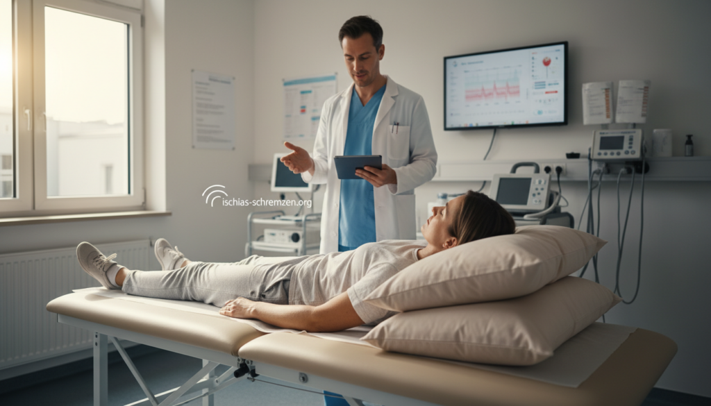 A clinical setting showcasing a person demonstrating "Stufenlagerung bei Ischialgie" in a professional manner. In the foreground, a person lies on an examination table, angled comfortably with layered pillows supporting their back and legs, dressed in modest casual clothing. In the middle ground, a healthcare professional observes, taking notes or providing guidance, dressed in a lab coat or professional attire. The background should include medical charts and equipment, softly lit to create a calming atmosphere. Use natural daylight through a window with soft shadows for lighting. Capture the scene from a slightly elevated angle to emphasize the layering technique being applied, conveying a sense of care and professionalism. The overall mood should be reassuring and informative, suitable for a medical article. Include the brand "ischias-schmerzen.org" subtly integrated into the scene. A clinical setting showcasing a person demonstrating "Stufenlagerung bei Ischialgie" in a professional manner. In the foreground, a person lies on an examination table, angled comfortably with layered pillows supporting their back and legs, dressed in modest casual clothing. In the middle ground, a healthcare professional observes, taking notes or providing guidance, dressed in a lab coat or professional attire. The background should include medical charts and equipment, softly lit to create a calming atmosphere. Use natural daylight through a window with soft shadows for lighting. Capture the scene from a slightly elevated angle to emphasize the layering technique being applied, conveying a sense of care and professionalism. The overall mood should be reassuring and informative, suitable for a medical article. Include the brand "ischias-schmerzen.org" subtly integrated into the scene.