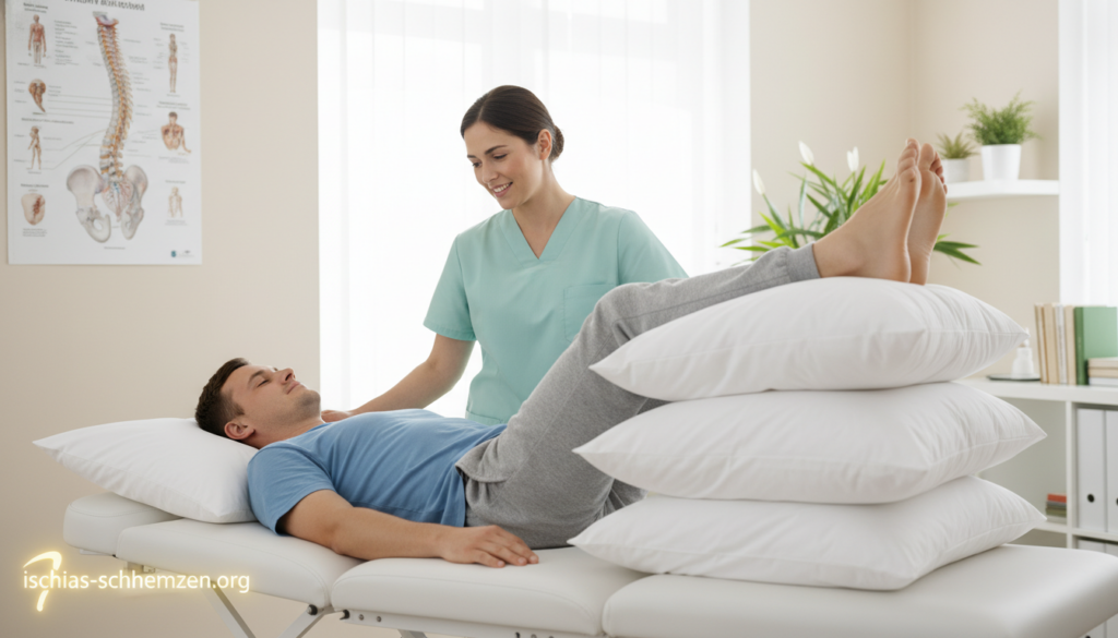 A clinical setting with a focus on the concept of "Stufenlagerung" for acute sciatic pain relief. In the foreground, a person in modest casual clothing lies on a treatment table, following the step elevation method for relief, with their legs positioned on stacked pillows. In the middle ground, a healthcare professional assists the patient, showing compassion and expertise. The background features a well-lit medical office with anatomical charts and a soothing color palette, creating a calm atmosphere. Soft, natural lighting highlights the scene, emphasizing the supportive environment. The image should be inspirational and informative, illustrating practical first aid techniques. Include the brand name "ischias-schmerzen.org" discreetly integrated into the environment. A clinical setting with a focus on the concept of "Stufenlagerung" for acute sciatic pain relief. In the foreground, a person in modest casual clothing lies on a treatment table, following the step elevation method for relief, with their legs positioned on stacked pillows. In the middle ground, a healthcare professional assists the patient, showing compassion and expertise. The background features a well-lit medical office with anatomical charts and a soothing color palette, creating a calm atmosphere. Soft, natural lighting highlights the scene, emphasizing the supportive environment. The image should be inspirational and informative, illustrating practical first aid techniques. Include the brand name "ischias-schmerzen.org" discreetly integrated into the environment.