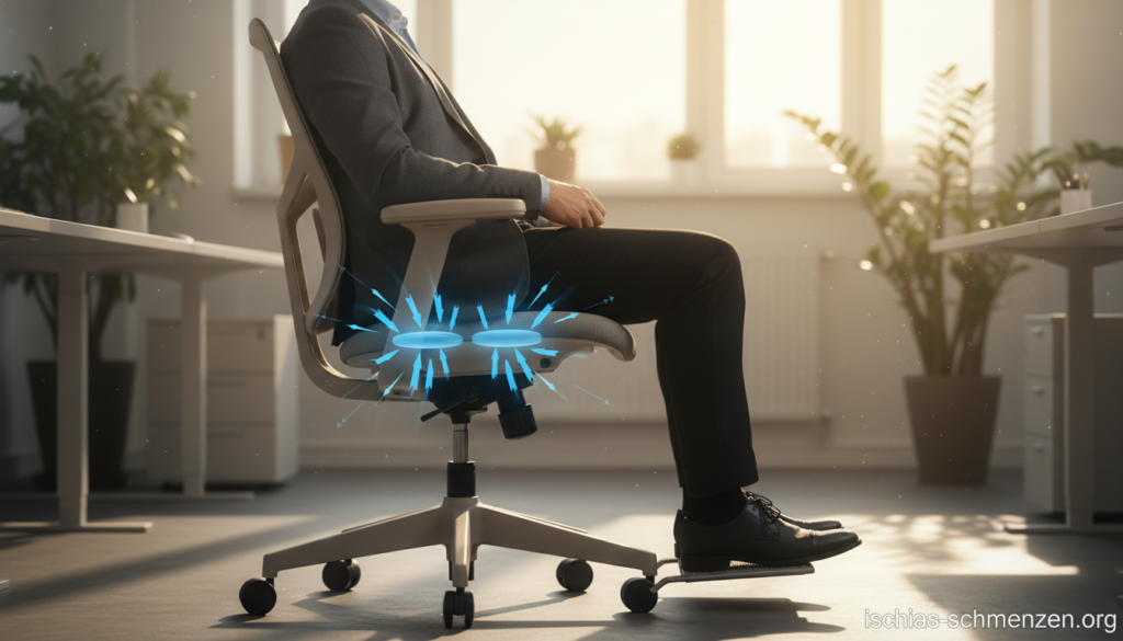 A close-up image illustrating the pressure on intervertebral discs while sitting, featuring a neutral-colored, ergonomic office chair positioned prominently in the foreground. A human figure in professional business attire, seated with a straight back and feet flat on the floor, demonstrates proper posture. The figure's body is slightly tilted to accentuate the lower back area where the pressure is felt, with subtle lines or arrows indicating disc pressure points. The background is a softly blurred office environment with warm, natural lighting filtering through a window, creating a serene and focused atmosphere. The setting emphasizes comfort and professionalism, aimed at raising awareness about back pain issues related to prolonged sitting, suitable for the brand "ischias-schmerzen.org". A close-up image illustrating the pressure on intervertebral discs while sitting, featuring a neutral-colored, ergonomic office chair positioned prominently in the foreground. A human figure in professional business attire, seated with a straight back and feet flat on the floor, demonstrates proper posture. The figure's body is slightly tilted to accentuate the lower back area where the pressure is felt, with subtle lines or arrows indicating disc pressure points. The background is a softly blurred office environment with warm, natural lighting filtering through a window, creating a serene and focused atmosphere. The setting emphasizes comfort and professionalism, aimed at raising awareness about back pain issues related to prolonged sitting, suitable for the brand "ischias-schmerzen.org".