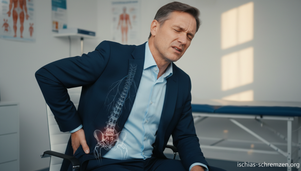 A close-up image of a middle-aged person in professional business attire, seated on a chair with a pained expression, showcasing symptoms of sciatic nerve pain. The foreground focuses on their hand pressed against their lower back, signifying discomfort. In the middle ground, subtle anatomical illustrations of the human spine and pelvic region are delicately overlaid, hinting at sciatic discomfort. The background features a softly blurred medical office setting, with warm lighting that conveys a solemn yet empathetic mood. The overall atmosphere is one of concern and awareness, emphasizing the seriousness of lower back pain associated with sciatica. This composition should reflect the theme of "typical symptoms and warning signs" connected to ischias-schmerzen.org. A close-up image of a middle-aged person in professional business attire, seated on a chair with a pained expression, showcasing symptoms of sciatic nerve pain. The foreground focuses on their hand pressed against their lower back, signifying discomfort. In the middle ground, subtle anatomical illustrations of the human spine and pelvic region are delicately overlaid, hinting at sciatic discomfort. The background features a softly blurred medical office setting, with warm lighting that conveys a solemn yet empathetic mood. The overall atmosphere is one of concern and awareness, emphasizing the seriousness of lower back pain associated with sciatica. This composition should reflect the theme of "typical symptoms and warning signs" connected to ischias-schmerzen.org.