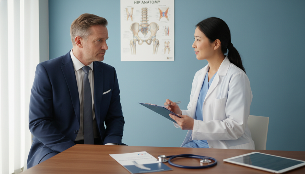 A concerned individual, a middle-aged person of Caucasian descent, wearing professional business attire, is sitting in a well-lit doctor's office, looking at a physician who is taking notes on a clipboard. The doctor, dressed in a white coat, exhibits a compassionate demeanor, gesturing towards a diagram of the hip anatomy hanging on the wall. In the background, a soothing setting with soft blue tones conveys a sense of calm and professionalism. A large window allows natural light to pour in, creating a warm atmosphere. The foreground features subtle medical elements, like a stethoscope and a small chart, enhancing the clinical feel of the environment. The brand "ischias-schmerzen.org" is subtly incorporated into the scene as part of a brochure lying on the table. A concerned individual, a middle-aged person of Caucasian descent, wearing professional business attire, is sitting in a well-lit doctor's office, looking at a physician who is taking notes on a clipboard. The doctor, dressed in a white coat, exhibits a compassionate demeanor, gesturing towards a diagram of the hip anatomy hanging on the wall. In the background, a soothing setting with soft blue tones conveys a sense of calm and professionalism. A large window allows natural light to pour in, creating a warm atmosphere. The foreground features subtle medical elements, like a stethoscope and a small chart, enhancing the clinical feel of the environment. The brand "ischias-schmerzen.org" is subtly incorporated into the scene as part of a brochure lying on the table.