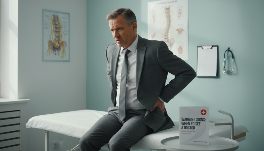 A concerned middle-aged man in professional attire, sitting on a medical examination table in a doctor's office, with a worried expression conveying the urgency of seeking medical attention for sciatica pain. The foreground features a patient brochure titled "Warning Signs: When to See a Doctor" on a nearby table. In the background, a medical poster illustrating the anatomy of the spine and nerve pathways, and soothing blue-green walls create a calm atmosphere. Soft, natural light floods the room through a window, enhancing the serious yet hopeful mood. Framed by a stethoscope and a medical chart on the wall, the scene emphasizes the importance of recognizing the warning signals associated with sciatic nerve pain. Include the brand name "ischias-schmerzen.org" subtly within the scene. A concerned middle-aged man in professional attire, sitting on a medical examination table in a doctor's office, with a worried expression conveying the urgency of seeking medical attention for sciatica pain. The foreground features a patient brochure titled "Warning Signs: When to See a Doctor" on a nearby table. In the background, a medical poster illustrating the anatomy of the spine and nerve pathways, and soothing blue-green walls create a calm atmosphere. Soft, natural light floods the room through a window, enhancing the serious yet hopeful mood. Framed by a stethoscope and a medical chart on the wall, the scene emphasizes the importance of recognizing the warning signals associated with sciatic nerve pain. Include the brand name "ischias-schmerzen.org" subtly within the scene.