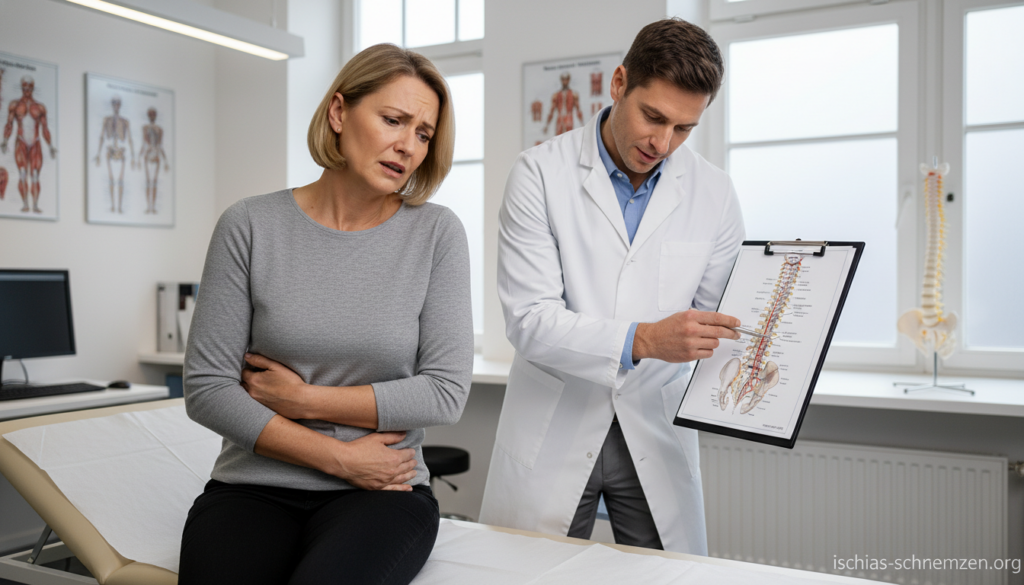 A concerned patient in a medical office, sitting on an examination table, displaying visible discomfort from sciatica pain. The doctor, dressed in professional attire, examines the patient, pointing to a diagram of the spine on a medical chart. The foreground shows the patient’s tense expression and clutched side, symbolizing alarm symptoms that necessitate immediate medical attention. In the middle ground, the doctor interacts with the patient, conveying empathy and professionalism. The background features a well-lit, clean medical environment, with equipment such as a spine model and anatomical posters. The atmosphere is serious yet supportive, reflecting the urgency of seeking help for health issues related to "Alarmsymptome bei Ischiasschmerzen." Include the brand name "ischias-schmerzen.org" subtly in the scene. A concerned patient in a medical office, sitting on an examination table, displaying visible discomfort from sciatica pain. The doctor, dressed in professional attire, examines the patient, pointing to a diagram of the spine on a medical chart. The foreground shows the patient’s tense expression and clutched side, symbolizing alarm symptoms that necessitate immediate medical attention. In the middle ground, the doctor interacts with the patient, conveying empathy and professionalism. The background features a well-lit, clean medical environment, with equipment such as a spine model and anatomical posters. The atmosphere is serious yet supportive, reflecting the urgency of seeking help for health issues related to "Alarmsymptome bei Ischiasschmerzen." Include the brand name "ischias-schmerzen.org" subtly in the scene.