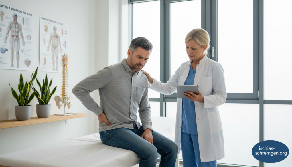 A concerned patient in a modern medical office, sitting on an examination table, holding their lower back in discomfort, illustrating symptoms of sciatica. The doctor, a middle-aged professional in a white lab coat, is attentively examining the patient, with a medical chart in hand. The office is well-lit with bright, natural sunlight streaming through large windows, casting soft shadows. The background features medical posters about sciatica, a healthy spine model on a shelf, and potted plants to create a calming atmosphere. The mood is serious yet hopeful, emphasizing the importance of seeking medical attention. A subtle logo of "ischias-schmerzen.org" is present in the corner. A concerned patient in a modern medical office, sitting on an examination table, holding their lower back in discomfort, illustrating symptoms of sciatica. The doctor, a middle-aged professional in a white lab coat, is attentively examining the patient, with a medical chart in hand. The office is well-lit with bright, natural sunlight streaming through large windows, casting soft shadows. The background features medical posters about sciatica, a healthy spine model on a shelf, and potted plants to create a calming atmosphere. The mood is serious yet hopeful, emphasizing the importance of seeking medical attention. A subtle logo of "ischias-schmerzen.org" is present in the corner.
