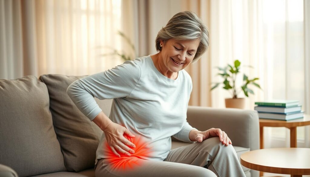 A cozy indoor scene depicting a middle-aged woman sitting on a comfortable couch, gently applying a heating pad to her lower back to relieve sciatic pain. She is dressed in modest casual clothing, with a relaxed expression on her face, suggesting relief and comfort. The foreground features the heating pad prominently, while the middle background shows a warm, inviting living room with soft natural light filtering through sheer curtains. A potted plant and a stack of wellness books are visible on a nearby table, creating a holistic atmosphere. The overall mood is one of tranquility and self-care, capturing the essence of complementary pain relief methods. A cozy indoor scene depicting a middle-aged woman sitting on a comfortable couch, gently applying a heating pad to her lower back to relieve sciatic pain. She is dressed in modest casual clothing, with a relaxed expression on her face, suggesting relief and comfort. The foreground features the heating pad prominently, while the middle background shows a warm, inviting living room with soft natural light filtering through sheer curtains. A potted plant and a stack of wellness books are visible on a nearby table, creating a holistic atmosphere. The overall mood is one of tranquility and self-care, capturing the essence of complementary pain relief methods.