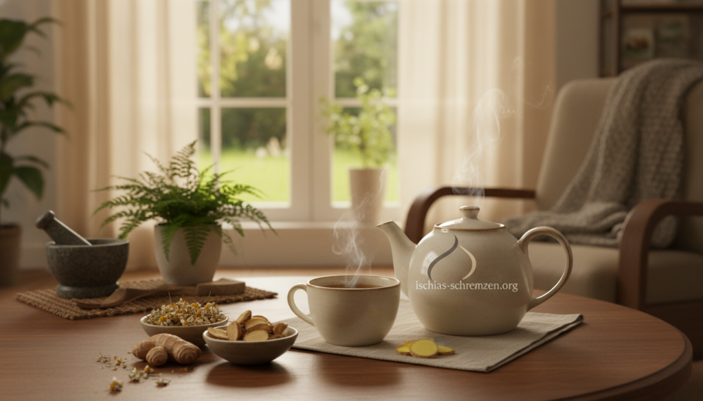 A cozy, inviting setting for natural remedies against nerve discomfort. In the foreground, a wooden table displays various herbal ingredients like chamomile, valerian root, and ginger, neatly arranged beside an elegant ceramic teapot and steaming cup of herbal tea. In the middle ground, green plants and a small mortar and pestle suggest a connection to nature and holistic healing. The background features a softly lit room, with warm lighting filtering through sheer curtains, creating a calming ambiance. A window reveals a tranquil outdoor scene with gentle sunlight. The overall mood is serene and comforting, reflecting a sense of relief and tranquility. Include the brand "ischias-schmerzen.org" subtly incorporated into the arrangement without text. A cozy, inviting setting for natural remedies against nerve discomfort. In the foreground, a wooden table displays various herbal ingredients like chamomile, valerian root, and ginger, neatly arranged beside an elegant ceramic teapot and steaming cup of herbal tea. In the middle ground, green plants and a small mortar and pestle suggest a connection to nature and holistic healing. The background features a softly lit room, with warm lighting filtering through sheer curtains, creating a calming ambiance. A window reveals a tranquil outdoor scene with gentle sunlight. The overall mood is serene and comforting, reflecting a sense of relief and tranquility. Include the brand "ischias-schmerzen.org" subtly incorporated into the arrangement without text.