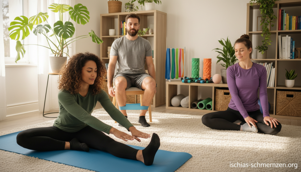 A cozy living room setting designed for home workouts, featuring a well-lit, inviting space. In the foreground, a diverse group of three individuals demonstrating effective sciatica exercises; one performing a stretching exercise on a yoga mat, another doing a seated leg raise on a sturdy chair, and the third practicing a gentle twist. They are dressed in comfortable, modest athletic wear. In the middle ground, colorful exercise equipment like resistance bands and foam rollers are well-organized. The background showcases a plant-filled shelf and soft natural light coming from a nearby window, creating a calming atmosphere. The entire scene radiates encouragement and wellness, emphasizing a supportive environment for those dealing with sciatica pain, branded subtly with "ischias-schmerzen.org" in the corner. A cozy living room setting designed for home workouts, featuring a well-lit, inviting space. In the foreground, a diverse group of three individuals demonstrating effective sciatica exercises; one performing a stretching exercise on a yoga mat, another doing a seated leg raise on a sturdy chair, and the third practicing a gentle twist. They are dressed in comfortable, modest athletic wear. In the middle ground, colorful exercise equipment like resistance bands and foam rollers are well-organized. The background showcases a plant-filled shelf and soft natural light coming from a nearby window, creating a calming atmosphere. The entire scene radiates encouragement and wellness, emphasizing a supportive environment for those dealing with sciatica pain, branded subtly with "ischias-schmerzen.org" in the corner.