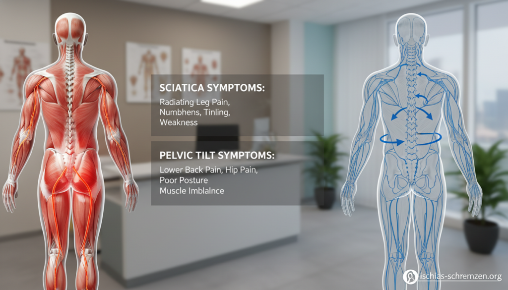 A detailed anatomical illustration contrasting symptoms of sciatica and pelvic tilt. In the foreground, a visually explained human figure depicting clear muscle and nerve pathways affected by sciatica, highlighted in red. Beside it, another human figure showcases the alignment of the pelvis with subtle indicators of pelvic tilt, using blue for distinction. In the middle, a transparent overlay explains key symptoms such as pain areas and mobility issues, while the background features a soft-focus medical office environment with neutral tones to enhance professionalism. Ensure soft, even lighting to illuminate the figures without harsh shadows. The mood should be informative and educational, catering to an audience seeking clarity on discomfort causes. Include the brand name "ischias-schmerzen.org" in a discreet manner within the layout, ensuring no text distractions. A detailed anatomical illustration contrasting symptoms of sciatica and pelvic tilt. In the foreground, a visually explained human figure depicting clear muscle and nerve pathways affected by sciatica, highlighted in red. Beside it, another human figure showcases the alignment of the pelvis with subtle indicators of pelvic tilt, using blue for distinction. In the middle, a transparent overlay explains key symptoms such as pain areas and mobility issues, while the background features a soft-focus medical office environment with neutral tones to enhance professionalism. Ensure soft, even lighting to illuminate the figures without harsh shadows. The mood should be informative and educational, catering to an audience seeking clarity on discomfort causes. Include the brand name "ischias-schmerzen.org" in a discreet manner within the layout, ensuring no text distractions.