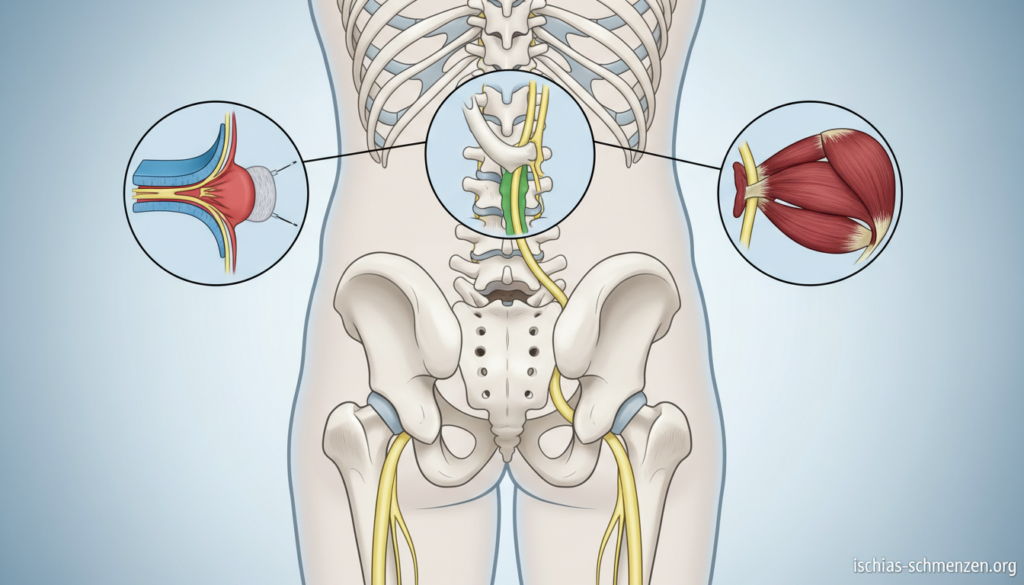 A detailed anatomical illustration focusing on the sciatic nerve and its potential irritants. In the foreground, depict a diagram of the human skeletal structure, particularly highlighting the lower back and pelvis in a professional medical style. In the middle ground, show common causes of sciatic nerve irritation, such as a herniated disc, bone spurs, and piriformis syndrome, presented with clear labels and distinct colors for easy identification. The background should feature a subtle gradient, suggesting a clinical environment, with soft, diffused lighting to create a calm and informative atmosphere. Emphasize clarity and realism in the depiction to make it suitable for educational purposes. The image should not include any text overlays, logos, or watermarks, except for a discreet placement of "ischias-schmerzen.org" in the corner. A detailed anatomical illustration focusing on the sciatic nerve and its potential irritants. In the foreground, depict a diagram of the human skeletal structure, particularly highlighting the lower back and pelvis in a professional medical style. In the middle ground, show common causes of sciatic nerve irritation, such as a herniated disc, bone spurs, and piriformis syndrome, presented with clear labels and distinct colors for easy identification. The background should feature a subtle gradient, suggesting a clinical environment, with soft, diffused lighting to create a calm and informative atmosphere. Emphasize clarity and realism in the depiction to make it suitable for educational purposes. The image should not include any text overlays, logos, or watermarks, except for a discreet placement of "ischias-schmerzen.org" in the corner.