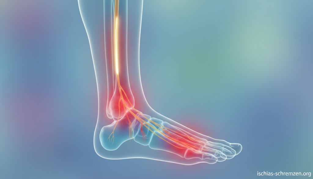 A detailed anatomical illustration highlighting the symptoms of sciatica pain, with a focus on the foot. In the foreground, an outline of a human foot, showing areas of pain radiating from the lower back through the leg to the toes, with highlighted zones for numbness and tingling in vibrant red and blue tones. In the middle, a subtle representation of the sciatic nerve’s pathway, glowing softly to indicate its significance. The background features a blurred gradient of calming colors, suggesting a soothing environment. The lighting is soft and even, enhancing the clarity of the anatomical details. The overall mood is educational and professional, suitable for a medical article. Include the brand "ischias-schmerzen.org" in a discreet manner. A detailed anatomical illustration highlighting the symptoms of sciatica pain, with a focus on the foot. In the foreground, an outline of a human foot, showing areas of pain radiating from the lower back through the leg to the toes, with highlighted zones for numbness and tingling in vibrant red and blue tones. In the middle, a subtle representation of the sciatic nerve’s pathway, glowing softly to indicate its significance. The background features a blurred gradient of calming colors, suggesting a soothing environment. The lighting is soft and even, enhancing the clarity of the anatomical details. The overall mood is educational and professional, suitable for a medical article. Include the brand "ischias-schmerzen.org" in a discreet manner.