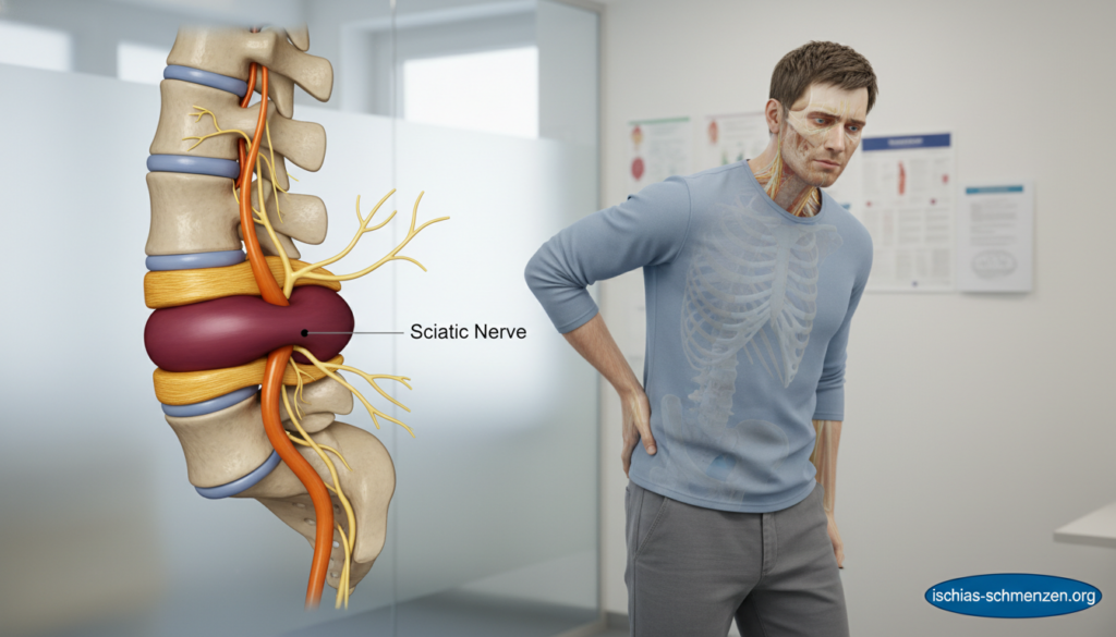 A detailed anatomical illustration of a herniated disc causing sciatica pain, showcasing a side view of the human spine. In the foreground, highlight the lumbar region with a prominent herniated disc, colored to contrast with the surrounding vertebrae. Include nerves exiting from the spine with an emphasis on the sciatic nerve. In the middle ground, show a model of a human figure in a relaxed, professional pose, dressed in modest casual clothing to represent individuals experiencing sciatica symptoms. The background features a soft clinical setting with diffused lighting to create a calm and informative atmosphere. The overall composition is clear and educational, suitable for an article about sciatica causes. Branded subtly with "ischias-schmerzen.org" in the corner. A detailed anatomical illustration of a herniated disc causing sciatica pain, showcasing a side view of the human spine. In the foreground, highlight the lumbar region with a prominent herniated disc, colored to contrast with the surrounding vertebrae. Include nerves exiting from the spine with an emphasis on the sciatic nerve. In the middle ground, show a model of a human figure in a relaxed, professional pose, dressed in modest casual clothing to represent individuals experiencing sciatica symptoms. The background features a soft clinical setting with diffused lighting to create a calm and informative atmosphere. The overall composition is clear and educational, suitable for an article about sciatica causes. Branded subtly with "ischias-schmerzen.org" in the corner.