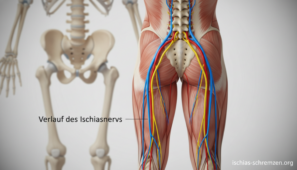 A detailed anatomical illustration of the Verlauf des Ischiasnervs, prominently featuring the sciatic nerve in a human body. In the foreground, the sciatic nerve is illustrated in vibrant colors, providing a clear view of its pathways as it branches from the lower spine down through the legs. The middle layer incorporates muscles and surrounding tissues, drawn in a subtle gradient to emphasize depth. The background should be a soft, blurred anatomical diagram, showcasing the spine and pelvis for context. Employ soft, natural lighting with a slight vignette effect to create a clinical and informative atmosphere. The image should evoke a sense of professionalism and clarity, aimed at educating viewers about sciatic nerve anatomy. No overlay, text, or logos except "ischias-schmerzen.org" subtly integrated into the design. A detailed anatomical illustration of the Verlauf des Ischiasnervs, prominently featuring the sciatic nerve in a human body. In the foreground, the sciatic nerve is illustrated in vibrant colors, providing a clear view of its pathways as it branches from the lower spine down through the legs. The middle layer incorporates muscles and surrounding tissues, drawn in a subtle gradient to emphasize depth. The background should be a soft, blurred anatomical diagram, showcasing the spine and pelvis for context. Employ soft, natural lighting with a slight vignette effect to create a clinical and informative atmosphere. The image should evoke a sense of professionalism and clarity, aimed at educating viewers about sciatic nerve anatomy. No overlay, text, or logos except "ischias-schmerzen.org" subtly integrated into the design.