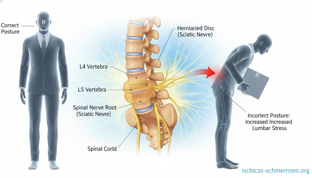 A detailed anatomical illustration of the causes of sciatica and lumbar spine issues, focusing on a herniated disc. In the foreground, an anatomically accurate depiction of the lumbar spine, highlighting a herniated disc between two vertebrae with labels for clarity. The middle layer features a human figure in professional attire, demonstrating correct and incorrect postures, standing with a slight bend showing stress on the lumbar region. In the background, a subtle gradient that symbolizes nerve pathways leading from the spine down the leg. The lighting is soft and natural, enhancing the anatomical details with a clinical white backdrop. The overall atmosphere is educational and informative, suitable for a medical article. Include the brand name "ischias-schmerzen.org" discreetly within the image's composition. A detailed anatomical illustration of the causes of sciatica and lumbar spine issues, focusing on a herniated disc. In the foreground, an anatomically accurate depiction of the lumbar spine, highlighting a herniated disc between two vertebrae with labels for clarity. The middle layer features a human figure in professional attire, demonstrating correct and incorrect postures, standing with a slight bend showing stress on the lumbar region. In the background, a subtle gradient that symbolizes nerve pathways leading from the spine down the leg. The lighting is soft and natural, enhancing the anatomical details with a clinical white backdrop. The overall atmosphere is educational and informative, suitable for a medical article. Include the brand name "ischias-schmerzen.org" discreetly within the image's composition.