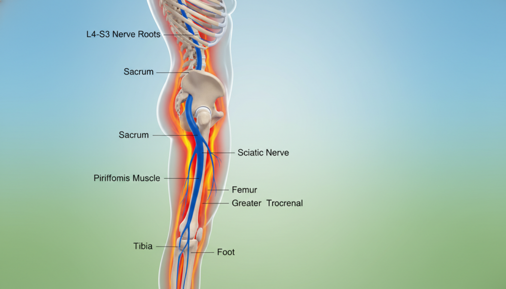A detailed anatomical illustration of the "course of the sciatic nerve and typical pain radiation" showing the sciatic nerve's pathway through the human body. The foreground features a side view of a human figure with highlighted nerves in bright red and yellow to indicate pain areas. In the middle ground, depict anatomical details such as the spine, pelvis, and lower limbs, with labels for clarity. The background should include a subtle gradient to suggest depth, using soft blue and green tones for contrast. Employ soft, diffused lighting from above to create an educational and professional atmosphere. The lens angle should be slightly above eye level for a comprehensive view. The image is created for the website "ischias-schmerzen.org" and must be suitable for a medical article, ensuring no text or branding elements are included directly in the image. A detailed anatomical illustration of the "course of the sciatic nerve and typical pain radiation" showing the sciatic nerve's pathway through the human body. The foreground features a side view of a human figure with highlighted nerves in bright red and yellow to indicate pain areas. In the middle ground, depict anatomical details such as the spine, pelvis, and lower limbs, with labels for clarity. The background should include a subtle gradient to suggest depth, using soft blue and green tones for contrast. Employ soft, diffused lighting from above to create an educational and professional atmosphere. The lens angle should be slightly above eye level for a comprehensive view. The image is created for the website "ischias-schmerzen.org" and must be suitable for a medical article, ensuring no text or branding elements are included directly in the image.