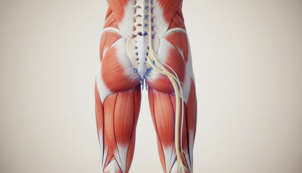 A detailed anatomical illustration of the course of the sciatic nerve, focusing on the right side of the human body. The foreground features a labeled anatomical model with clear muscles, nerves, and ligaments highlighted in vibrant colors. In the middle ground, a semi-transparent overlay displays the path of the sciatic nerve, indicating its origin in the lower back and its route down the leg. The background consists of a subtle, neutral-toned gradient to emphasize the anatomical details. The lighting should be bright and clear to enhance visibility, with a focus on the nerve pathways. The mood is educational and professional, suitable for a medical context. No text or additional elements are included. Suitable for use by ischias-schmerzen.org. A detailed anatomical illustration of the course of the sciatic nerve, focusing on the right side of the human body. The foreground features a labeled anatomical model with clear muscles, nerves, and ligaments highlighted in vibrant colors. In the middle ground, a semi-transparent overlay displays the path of the sciatic nerve, indicating its origin in the lower back and its route down the leg. The background consists of a subtle, neutral-toned gradient to emphasize the anatomical details. The lighting should be bright and clear to enhance visibility, with a focus on the nerve pathways. The mood is educational and professional, suitable for a medical context. No text or additional elements are included. Suitable for use by ischias-schmerzen.org.