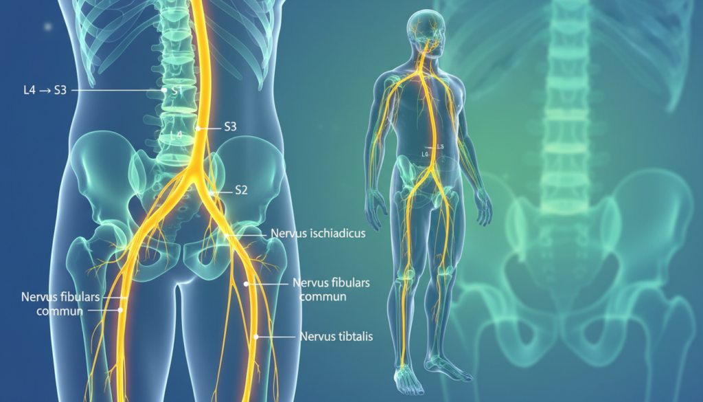 A detailed anatomical illustration of the ischias nerve, showcasing its pathway through the human body. In the foreground, depict a semi-transparent, labeled diagram of the ischias nerve, clearly illustrating its origin at the lower spine, its trajectory down the leg, and branches extending towards the knee. In the middle ground, include a human silhouette in professional attire, positioned to emphasize the nerve's course, with subtle glowing lines indicating nerve pathways. The background should consist of a faint outline of the spine and leg anatomy, rendered in soft blues and greens for a clinical feel. Use soft lighting to create a calm and educational atmosphere, with a focus on clarity and understanding. The image should be suitable for an article, with no text overlays, watermarks, or signatures, designed for ischias-schmerzen.org. A detailed anatomical illustration of the ischias nerve, showcasing its pathway through the human body. In the foreground, depict a semi-transparent, labeled diagram of the ischias nerve, clearly illustrating its origin at the lower spine, its trajectory down the leg, and branches extending towards the knee. In the middle ground, include a human silhouette in professional attire, positioned to emphasize the nerve's course, with subtle glowing lines indicating nerve pathways. The background should consist of a faint outline of the spine and leg anatomy, rendered in soft blues and greens for a clinical feel. Use soft lighting to create a calm and educational atmosphere, with a focus on clarity and understanding. The image should be suitable for an article, with no text overlays, watermarks, or signatures, designed for ischias-schmerzen.org.