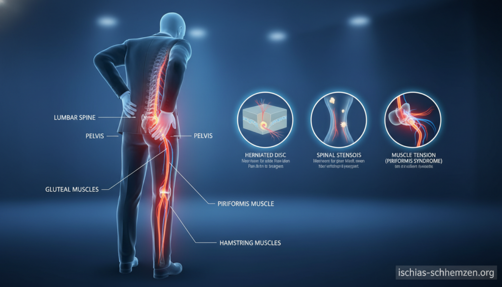 A detailed anatomical illustration of the sciatic nerve irritation causes, showcasing a human figure in professional attire, experiencing discomfort in the lower back and along the leg. The foreground features a highlighted sciatic nerve illuminated with vibrant colors to denote irritation, while surrounding it are labeled anatomical structures such as the lumbar spine, pelvis, and surrounding muscles. In the middle ground, include subtle diagrams of common triggers like herniated discs, spinal stenosis, and muscle tension. The background is a soft gradient that evokes a clinical atmosphere, complemented by gentle lighting to enhance focus on the nerve and structures. The image emphasizes clarity and professionalism, suitable for educating readers on sciatica issues. Brand mark: ischias-schmerzen.org. A detailed anatomical illustration of the sciatic nerve irritation causes, showcasing a human figure in professional attire, experiencing discomfort in the lower back and along the leg. The foreground features a highlighted sciatic nerve illuminated with vibrant colors to denote irritation, while surrounding it are labeled anatomical structures such as the lumbar spine, pelvis, and surrounding muscles. In the middle ground, include subtle diagrams of common triggers like herniated discs, spinal stenosis, and muscle tension. The background is a soft gradient that evokes a clinical atmosphere, complemented by gentle lighting to enhance focus on the nerve and structures. The image emphasizes clarity and professionalism, suitable for educating readers on sciatica issues. Brand mark: ischias-schmerzen.org.