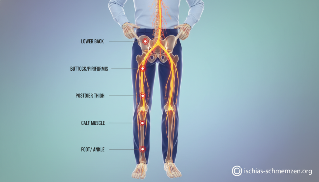 A detailed anatomical illustration of the sciatic nerve, showcasing its pathway and pressure points in the human body. In the foreground, highlight the nerve with clear colors and labels indicating key areas of discomfort related to sciatica. In the middle-ground, depict a human figure in a neutral pose, dressed in professional business attire, illustrating the locations of pressure points on the body, including the lower back and legs. The background should be a soft gradient, creating a calming atmosphere, with subtle lighting emphasizing the anatomical details. Capture the complexity of the sciatic nerve’s route in a scientific yet accessible manner, suitable for educational purposes related to the topic, featuring branding subtly integrated: "ischias-schmerzen.org". A detailed anatomical illustration of the sciatic nerve, showcasing its pathway and pressure points in the human body. In the foreground, highlight the nerve with clear colors and labels indicating key areas of discomfort related to sciatica. In the middle-ground, depict a human figure in a neutral pose, dressed in professional business attire, illustrating the locations of pressure points on the body, including the lower back and legs. The background should be a soft gradient, creating a calming atmosphere, with subtle lighting emphasizing the anatomical details. Capture the complexity of the sciatic nerve’s route in a scientific yet accessible manner, suitable for educational purposes related to the topic, featuring branding subtly integrated: "ischias-schmerzen.org".