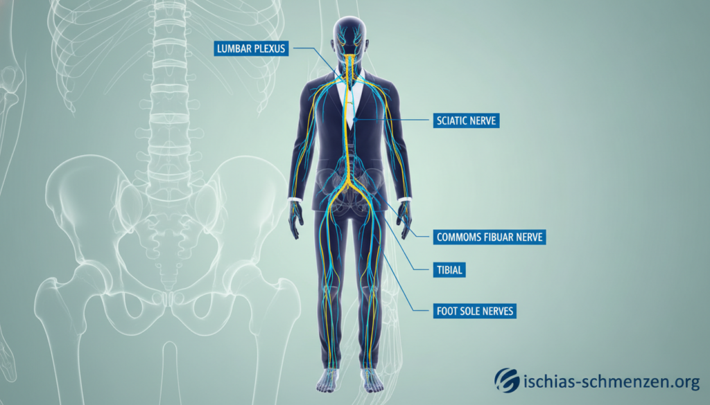 A detailed anatomical illustration of the sciatic nerve's pathway through the human body, showcasing its origin from the lumbar spine to its branching down through the pelvis and legs. The foreground features a semi-transparent silhouette of a human figure, ideally dressed in professional attire, highlighting the nerve trajectory with vibrant lines and colors. In the middle ground, anatomical labels mark key locations related to nerve pathways, while the background includes a subtle gradient representing the human anatomy context, perhaps with faint outlines of muscles and bones. The lighting is soft yet focused, creating a clinical and educational atmosphere, suitable for an informative article on sciatica. The brand name "ischias-schmerzen.org" is integrated into the design, ensuring a professional appearance without any distracting elements. A detailed anatomical illustration of the sciatic nerve's pathway through the human body, showcasing its origin from the lumbar spine to its branching down through the pelvis and legs. The foreground features a semi-transparent silhouette of a human figure, ideally dressed in professional attire, highlighting the nerve trajectory with vibrant lines and colors. In the middle ground, anatomical labels mark key locations related to nerve pathways, while the background includes a subtle gradient representing the human anatomy context, perhaps with faint outlines of muscles and bones. The lighting is soft yet focused, creating a clinical and educational atmosphere, suitable for an informative article on sciatica. The brand name "ischias-schmerzen.org" is integrated into the design, ensuring a professional appearance without any distracting elements.