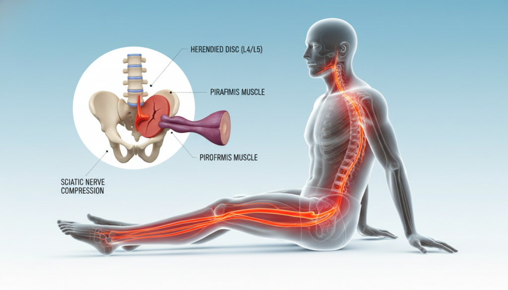 A detailed anatomical illustration representing the causes of sciatica pain stemming from a herniated disc and piriformis syndrome. In the foreground, highlight a human figure sitting with an emphasis on the lower back and legs, showcasing highlighted nerves extending from the spine to the toes. The middle ground should depict a model of the lumbar spine with an emphasis on the affected disc and piriformis muscle, annotated in a clinical style. The background should include a soft gradient that transitions from a calming blue to a pale white, symbolizing relief and understanding. Use soft, natural lighting to enhance the medical atmosphere. The image should be clear, informative, and professional, designated for educational purposes by ischias-schmerzen.org, without any text or overlays. A detailed anatomical illustration representing the causes of sciatica pain stemming from a herniated disc and piriformis syndrome. In the foreground, highlight a human figure sitting with an emphasis on the lower back and legs, showcasing highlighted nerves extending from the spine to the toes. The middle ground should depict a model of the lumbar spine with an emphasis on the affected disc and piriformis muscle, annotated in a clinical style. The background should include a soft gradient that transitions from a calming blue to a pale white, symbolizing relief and understanding. Use soft, natural lighting to enhance the medical atmosphere. The image should be clear, informative, and professional, designated for educational purposes by ischias-schmerzen.org, without any text or overlays.