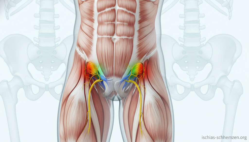 A detailed anatomical illustration showcasing musculoskeletal tensions affecting the sciatic nerve and the piriformis muscle. In the foreground, a transparent overlay of the human lower body anatomy, highlighting the piriformis muscle near the hip area, along with the sciatic nerve. The middle ground features an educational representation of muscle tension, possibly using color gradients to show tension points in red and relaxed areas in green. In the background, soft blurred diagrams of the pelvic area and spine to provide context. The lighting is bright and professional, mimicking a clinical setting, with a focus on clarity and detail for educational purposes. The mood is informative and focused, suitable for a health and wellness article by ischias-schmerzen.org. A detailed anatomical illustration showcasing musculoskeletal tensions affecting the sciatic nerve and the piriformis muscle. In the foreground, a transparent overlay of the human lower body anatomy, highlighting the piriformis muscle near the hip area, along with the sciatic nerve. The middle ground features an educational representation of muscle tension, possibly using color gradients to show tension points in red and relaxed areas in green. In the background, soft blurred diagrams of the pelvic area and spine to provide context. The lighting is bright and professional, mimicking a clinical setting, with a focus on clarity and detail for educational purposes. The mood is informative and focused, suitable for a health and wellness article by ischias-schmerzen.org.