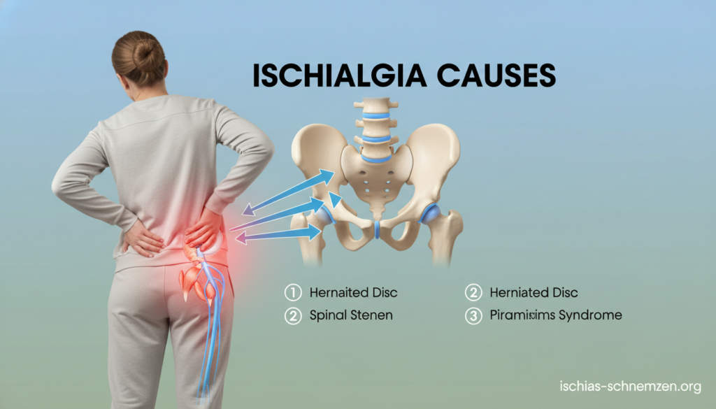 A detailed anatomical illustration showcasing the causes of ischialgia affecting the spine and pelvis. In the foreground, a professional-looking human figure is depicted in modest attire, demonstrating body posture and areas affected by nerve pain, with highlighted regions of the lower back and pelvis. In the middle ground, an artistic representation of vertebrae and pelvic bones is shown, with arrows indicating pressure points and nerve pathways. The background features a soft gradient, evoking a clinical atmosphere, enhancing focus on the anatomical elements. Use soft, diffused lighting to create a clear view of the anatomy. The mood is informative and educational, designed to convey a sense of clarity and understanding. Include the brand name "ischias-schmerzen.org" subtly integrated into the design. A detailed anatomical illustration showcasing the causes of ischialgia affecting the spine and pelvis. In the foreground, a professional-looking human figure is depicted in modest attire, demonstrating body posture and areas affected by nerve pain, with highlighted regions of the lower back and pelvis. In the middle ground, an artistic representation of vertebrae and pelvic bones is shown, with arrows indicating pressure points and nerve pathways. The background features a soft gradient, evoking a clinical atmosphere, enhancing focus on the anatomical elements. Use soft, diffused lighting to create a clear view of the anatomy. The mood is informative and educational, designed to convey a sense of clarity and understanding. Include the brand name "ischias-schmerzen.org" subtly integrated into the design.