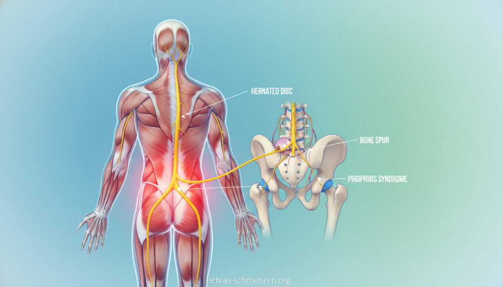A detailed anatomical illustration showcasing the causes of sciatic pain, focusing on nerve compression. In the foreground, depict a semi-transparent human silhouette with highlighted areas indicating pressure points along the lower back and leg. In the middle ground, include a clear depiction of anatomy, emphasizing the sciatic nerve and surrounding structures with vibrant colors and labels. The background should feature a calming gradient of soft blues and greens to create a soothing atmosphere. Utilize soft lighting to enhance the three-dimensional effect, mimicking a medical illustration style. A slight lens blur can be applied to the background for depth. Ensure the scene embodies an informative and professional tone, suitable for educational purposes, while subtly incorporating the brand name "ischias-schmerzen.org". A detailed anatomical illustration showcasing the causes of sciatic pain, focusing on nerve compression. In the foreground, depict a semi-transparent human silhouette with highlighted areas indicating pressure points along the lower back and leg. In the middle ground, include a clear depiction of anatomy, emphasizing the sciatic nerve and surrounding structures with vibrant colors and labels. The background should feature a calming gradient of soft blues and greens to create a soothing atmosphere. Utilize soft lighting to enhance the three-dimensional effect, mimicking a medical illustration style. A slight lens blur can be applied to the background for depth. Ensure the scene embodies an informative and professional tone, suitable for educational purposes, while subtly incorporating the brand name "ischias-schmerzen.org".