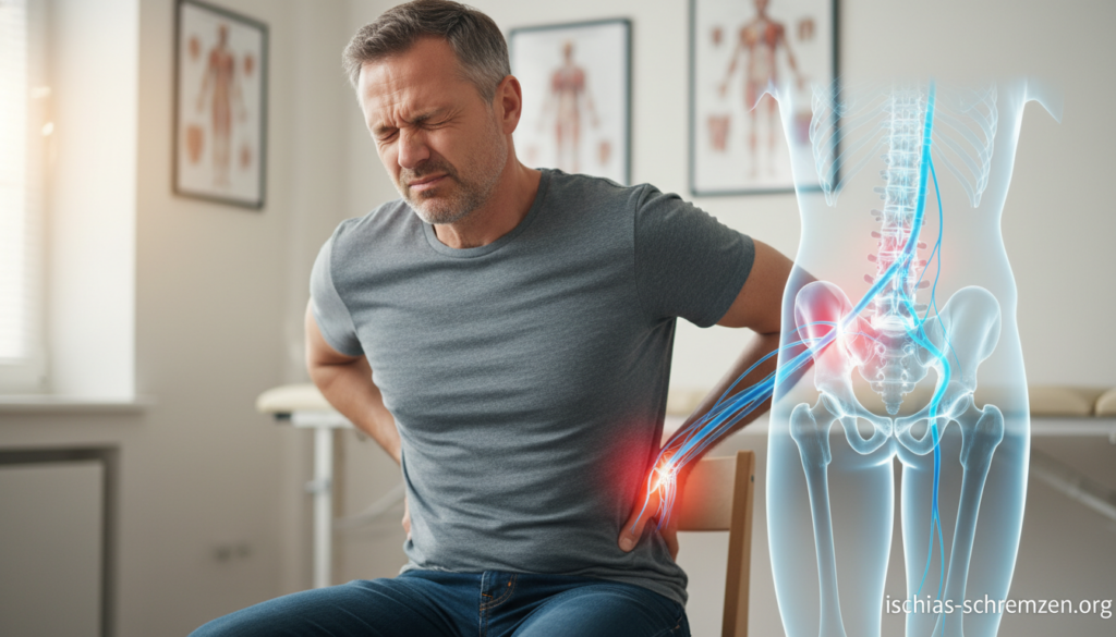 A detailed close-up of a human figure displaying the symptoms of sciatica. In the foreground, a person in modest casual clothing sits on a chair with a pained expression, gently holding their lower back. The middle ground features a clear diagram illustrating the lumbar spine and the sciatic nerve, highlighted with glowing lines to emphasize irritation. In the background, a softly lit medical office with anatomical charts on the walls adds context. Natural light streams in from a window, creating a calm atmosphere. Focus on clarity and realism, employing a shallow depth of field to draw attention to the suffering individual. The overall mood should convey concern and a desire for understanding, suitable for a health-related article. The image should reference "ischias-schmerzen.org" subtly in the design elements. A detailed close-up of a human figure displaying the symptoms of sciatica. In the foreground, a person in modest casual clothing sits on a chair with a pained expression, gently holding their lower back. The middle ground features a clear diagram illustrating the lumbar spine and the sciatic nerve, highlighted with glowing lines to emphasize irritation. In the background, a softly lit medical office with anatomical charts on the walls adds context. Natural light streams in from a window, creating a calm atmosphere. Focus on clarity and realism, employing a shallow depth of field to draw attention to the suffering individual. The overall mood should convey concern and a desire for understanding, suitable for a health-related article. The image should reference "ischias-schmerzen.org" subtly in the design elements.