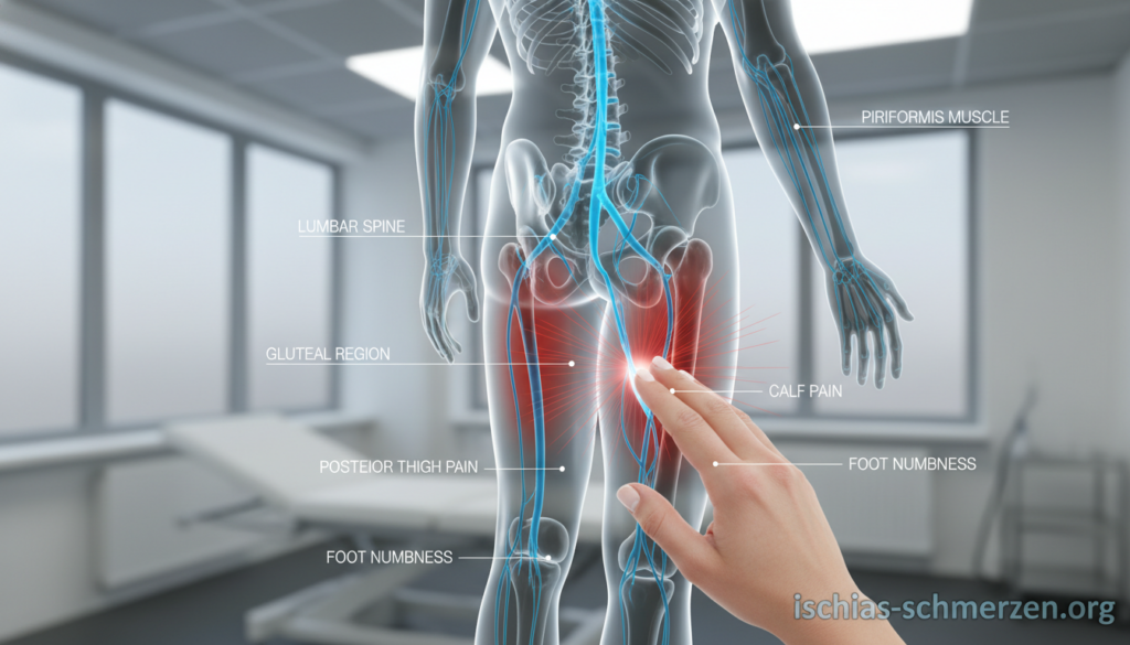 A detailed depiction of the sciatic nerve, focusing on its location in the human body. In the foreground, illustrate a close-up of a medical professional's hand gently pressing on a graphical representation of the sciatic nerve, showcasing the concept of nerve compression. In the middle, display an anatomical diagram indicating the nerve path, with highlighted areas showing potential pain locations. The background should be a serene clinical setting with soft, neutral lighting that conveys a calming atmosphere. Use a slightly angled perspective to add depth. Include subtle branding of "ischias-schmerzen.org" embedded in the lower right corner, ensuring it does not overshadow the main subject. Aim for clarity and professionalism in the overall presentation. A detailed depiction of the sciatic nerve, focusing on its location in the human body. In the foreground, illustrate a close-up of a medical professional's hand gently pressing on a graphical representation of the sciatic nerve, showcasing the concept of nerve compression. In the middle, display an anatomical diagram indicating the nerve path, with highlighted areas showing potential pain locations. The background should be a serene clinical setting with soft, neutral lighting that conveys a calming atmosphere. Use a slightly angled perspective to add depth. Include subtle branding of "ischias-schmerzen.org" embedded in the lower right corner, ensuring it does not overshadow the main subject. Aim for clarity and professionalism in the overall presentation.