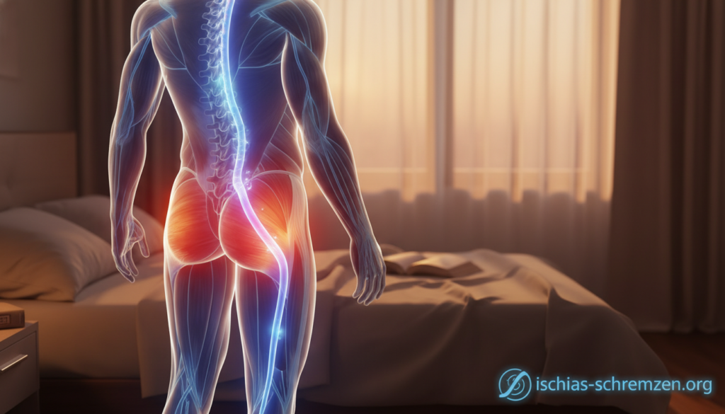 A detailed illustration depicting muscular tension and pressure on the sciatic nerve, emphasizing the connection to evening pain discomfort. In the foreground, show a semi-transparent human silhouette with highlighted areas of muscle tension around the lower back and hips. In the middle ground, provide a close-up of a sciatic nerve pathway, represented with glowing lines to signify irritation. The background features a softly lit room, evoking a tranquil evening atmosphere, with warm tones to suggest relaxation, yet hinting at discomfort. Use soft, diffused lighting to create a calm mood. The image should evoke empathy for those suffering from evening sciatic pain, serving as a visual metaphor for tension and relief. Integrate the brand name "ischias-schmerzen.org" subtly within the setting. A detailed illustration depicting muscular tension and pressure on the sciatic nerve, emphasizing the connection to evening pain discomfort. In the foreground, show a semi-transparent human silhouette with highlighted areas of muscle tension around the lower back and hips. In the middle ground, provide a close-up of a sciatic nerve pathway, represented with glowing lines to signify irritation. The background features a softly lit room, evoking a tranquil evening atmosphere, with warm tones to suggest relaxation, yet hinting at discomfort. Use soft, diffused lighting to create a calm mood. The image should evoke empathy for those suffering from evening sciatic pain, serving as a visual metaphor for tension and relief. Integrate the brand name "ischias-schmerzen.org" subtly within the setting.