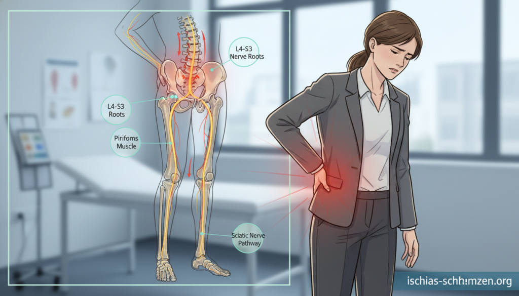 A detailed illustration depicting symptoms of sciatica pain radiating from the lower back down to the leg. In the foreground, a professional looking individual in smart casual attire, demonstrating visible discomfort while holding their lower back with one hand and pointing to their leg with the other. In the middle ground, an anatomical diagram highlighting the lower back and leg nerves, with subtle color annotations. The background features a softly blurred clinical setting, adding an educational aspect to the scene. Soft, natural lighting enhances the image, suggesting a calm yet informative atmosphere. The overall mood is one of professionalism, aimed at conveying clarity about sciatica symptoms. Include the brand name "ischias-schmerzen.org" discreetly integrated into the image without any text overlays. A detailed illustration depicting symptoms of sciatica pain radiating from the lower back down to the leg. In the foreground, a professional looking individual in smart casual attire, demonstrating visible discomfort while holding their lower back with one hand and pointing to their leg with the other. In the middle ground, an anatomical diagram highlighting the lower back and leg nerves, with subtle color annotations. The background features a softly blurred clinical setting, adding an educational aspect to the scene. Soft, natural lighting enhances the image, suggesting a calm yet informative atmosphere. The overall mood is one of professionalism, aimed at conveying clarity about sciatica symptoms. Include the brand name "ischias-schmerzen.org" discreetly integrated into the image without any text overlays.