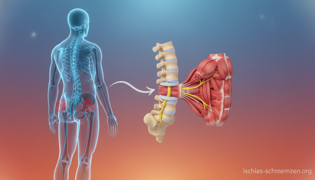 A detailed illustration depicting the causes of sciatic pain, emphasizing the interplay between herniated discs and muscle tension. In the foreground, a diagram of a human silhouette is shown with highlighted areas corresponding to nerve pathways and tension points. In the middle ground, a visual representation of a spine with lumbar vertebrae and intervertebral discs, alongside illustrations of tightened muscles and their impact on sciatic nerves. The background features a gradient that transitions from cool to warm tones, symbolizing the contrast between cold weather and body stress. Soft, diffused lighting illuminates the scene, creating a calm and educational atmosphere. The branding "ischias-schmerzen.org" is subtly integrated, ensuring no text overlays or distractions. A detailed illustration depicting the causes of sciatic pain, emphasizing the interplay between herniated discs and muscle tension. In the foreground, a diagram of a human silhouette is shown with highlighted areas corresponding to nerve pathways and tension points. In the middle ground, a visual representation of a spine with lumbar vertebrae and intervertebral discs, alongside illustrations of tightened muscles and their impact on sciatic nerves. The background features a gradient that transitions from cool to warm tones, symbolizing the contrast between cold weather and body stress. Soft, diffused lighting illuminates the scene, creating a calm and educational atmosphere. The branding "ischias-schmerzen.org" is subtly integrated, ensuring no text overlays or distractions.