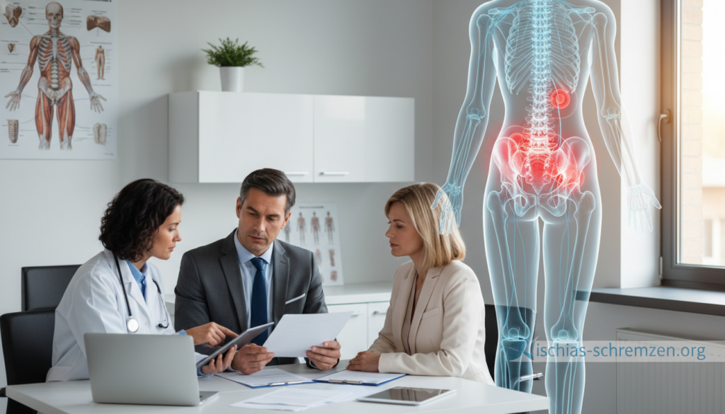 A detailed illustration depicting the causes of sciatic pain, focusing on the human body in a professional medical context. In the foreground, a diverse group of three individuals in professional business attire (a male and female doctor and a patient) discussing patient charts. In the middle, a transparent overlay of a human spine, highlighting affected areas with glowing red indicators to represent pain sources. In the background, a clean and modern clinic setting with anatomical posters, emphasizing a calm and informative atmosphere. Soft, natural lighting coming from a window to create a welcoming mood. The image should reflect medical professionalism and expertise, with a subtle logo of "ischias-schmerzen.org" integrated into the design, ensuring it remains unobtrusive. A detailed illustration depicting the causes of sciatic pain, focusing on the human body in a professional medical context. In the foreground, a diverse group of three individuals in professional business attire (a male and female doctor and a patient) discussing patient charts. In the middle, a transparent overlay of a human spine, highlighting affected areas with glowing red indicators to represent pain sources. In the background, a clean and modern clinic setting with anatomical posters, emphasizing a calm and informative atmosphere. Soft, natural lighting coming from a window to create a welcoming mood. The image should reflect medical professionalism and expertise, with a subtle logo of "ischias-schmerzen.org" integrated into the design, ensuring it remains unobtrusive.