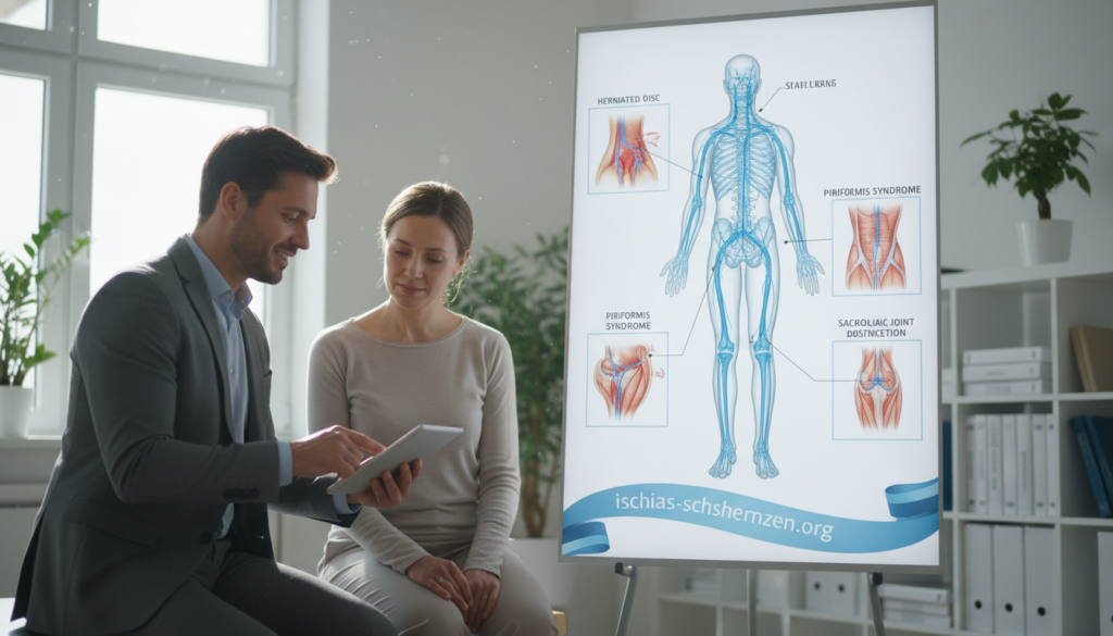 A detailed illustration depicting the differentiation of Ischias from other medical conditions, focusing on the sciatic nerve. In the foreground, a professional healthcare figure in business attire is consulting with a patient, both discussing diagrams. The middle layer features a detailed medical chart illustrating the sciatic nerve pathway, accompanied by labeled sections of other conditions (e.g., herniated disc, piriformis syndrome). The background includes a clinical environment, softly lit with natural light filtering through a window, creating a calm and informative atmosphere. Use a slight depth of field to highlight the chart, emphasizing clarity and focus. The overall mood should be educational and reassuring, without any text overlay. Incorporate branding elements of "ischias-schmerzen.org" subtly within the design elements. A detailed illustration depicting the differentiation of Ischias from other medical conditions, focusing on the sciatic nerve. In the foreground, a professional healthcare figure in business attire is consulting with a patient, both discussing diagrams. The middle layer features a detailed medical chart illustrating the sciatic nerve pathway, accompanied by labeled sections of other conditions (e.g., herniated disc, piriformis syndrome). The background includes a clinical environment, softly lit with natural light filtering through a window, creating a calm and informative atmosphere. Use a slight depth of field to highlight the chart, emphasizing clarity and focus. The overall mood should be educational and reassuring, without any text overlay. Incorporate branding elements of "ischias-schmerzen.org" subtly within the design elements.