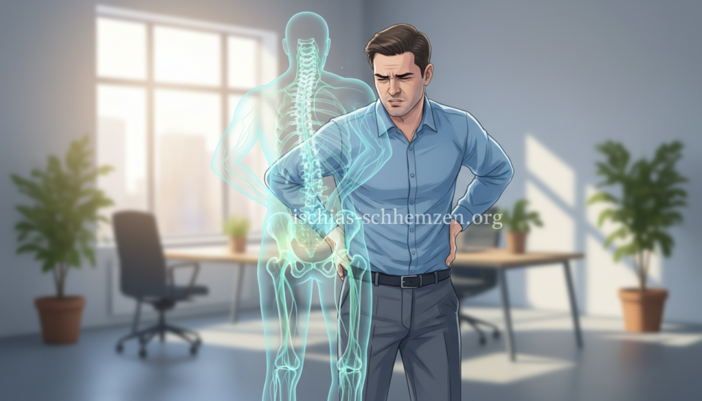 A detailed illustration depicting the effects of sciatic nerve pain, with a focus on the radiating symptoms. In the foreground, a professional individual dressed in smart casual attire is shown gently holding their lower back with a pained expression, symbolizing discomfort. The middle ground highlights a stylized diagram of the human spine and sciatic nerve, surrounded by arrows indicating areas of pain radiating down the leg. Soft, natural light floods the scene, creating a calm yet somber atmosphere. The background consists of a blurred office environment, suggesting a workplace setting, adding context to the discomfort. Subtle colors of blue and green evoke a sense of tranquility. The artwork includes the brand name "ischias-schmerzen.org" seamlessly integrated into the design, without any text overlays or distractions. A detailed illustration depicting the effects of sciatic nerve pain, with a focus on the radiating symptoms. In the foreground, a professional individual dressed in smart casual attire is shown gently holding their lower back with a pained expression, symbolizing discomfort. The middle ground highlights a stylized diagram of the human spine and sciatic nerve, surrounded by arrows indicating areas of pain radiating down the leg. Soft, natural light floods the scene, creating a calm yet somber atmosphere. The background consists of a blurred office environment, suggesting a workplace setting, adding context to the discomfort. Subtle colors of blue and green evoke a sense of tranquility. The artwork includes the brand name "ischias-schmerzen.org" seamlessly integrated into the design, without any text overlays or distractions.