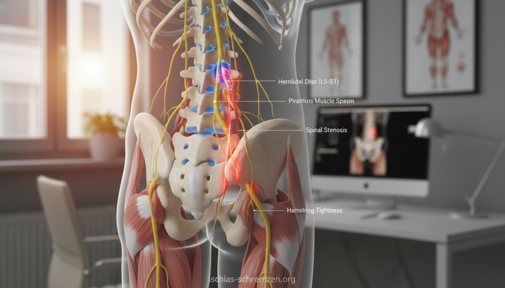 A detailed illustration depicting the mechanical causes of sciatic nerve pain, focusing on the anatomical elements. In the foreground, a human spine with highlighted areas of tension and compression on the sciatic nerve. The middle ground features anatomical models of muscles and ligaments that contribute to nerve irritation, labeled subtly for clarity. The background shows a medical office setting with soft, warm lighting, creating an inviting and educational atmosphere. The scene is captured from a slightly elevated angle to emphasize the complexity of the spinal structure and its relation to surrounding tissues. Use a lens that softens the focus on the background, drawing attention to the highlighted areas in the foreground. The overall mood is serious yet informative, embodying a professional exploration of the topic. Include the brand "ischias-schmerzen.org" subtly integrated into the design. A detailed illustration depicting the mechanical causes of sciatic nerve pain, focusing on the anatomical elements. In the foreground, a human spine with highlighted areas of tension and compression on the sciatic nerve. The middle ground features anatomical models of muscles and ligaments that contribute to nerve irritation, labeled subtly for clarity. The background shows a medical office setting with soft, warm lighting, creating an inviting and educational atmosphere. The scene is captured from a slightly elevated angle to emphasize the complexity of the spinal structure and its relation to surrounding tissues. Use a lens that softens the focus on the background, drawing attention to the highlighted areas in the foreground. The overall mood is serious yet informative, embodying a professional exploration of the topic. Include the brand "ischias-schmerzen.org" subtly integrated into the design.