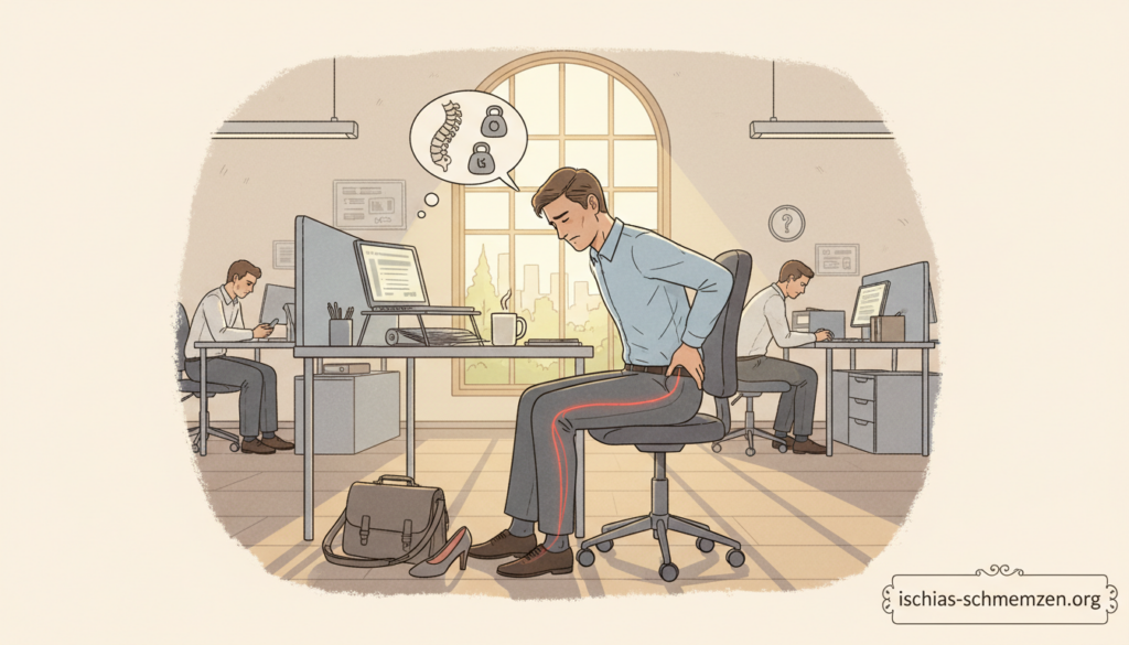 A detailed illustration depicting the risk factors for sciatic nerve pain in everyday life. In the foreground, a person sitting at a desk, with a slight grimace of discomfort, wearing professional business attire. Their posture is slightly hunched, emphasizing tension in the lower back. In the middle ground, a visual representation of common triggers, such as a crowded office space, improper ergonomic seating, and a heavy bag resting on the floor. The background features a sunny window, casting warm light that creates a soothing yet informative atmosphere. The overall mood is a blend of awareness and caution, highlighting the importance of understanding these factors. Include the brand name "ischias-schmerzen.org" subtly in the composition. A detailed illustration depicting the risk factors for sciatic nerve pain in everyday life. In the foreground, a person sitting at a desk, with a slight grimace of discomfort, wearing professional business attire. Their posture is slightly hunched, emphasizing tension in the lower back. In the middle ground, a visual representation of common triggers, such as a crowded office space, improper ergonomic seating, and a heavy bag resting on the floor. The background features a sunny window, casting warm light that creates a soothing yet informative atmosphere. The overall mood is a blend of awareness and caution, highlighting the importance of understanding these factors. Include the brand name "ischias-schmerzen.org" subtly in the composition.