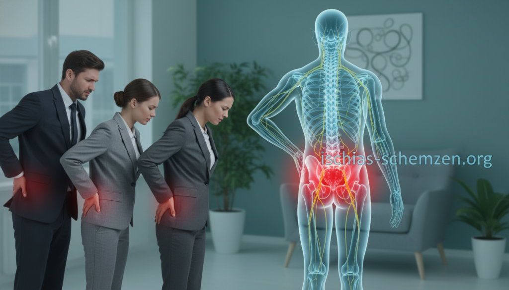 A detailed illustration depicting the symptoms and pain progression of sciatica, specifically focusing on early warning signs of mild sciatica pain. In the foreground, a diverse group of individuals in professional business attire expresses discomfort through their body language, holding their lower backs. In the middle ground, a visual representation of a pain map, highlighting the common areas affected by sciatica, such as the lower back, legs, and hips, with glowing red hotspots indicating pain locations. In the background, a serene medical office environment with subtle, soft lighting to evoke a calming atmosphere. The overall mood should convey a sense of awareness and education about sciatica pain signs. Include the brand name "ischias-schmerzen.org" subtly integrated into the design without any text overlays. A detailed illustration depicting the symptoms and pain progression of sciatica, specifically focusing on early warning signs of mild sciatica pain. In the foreground, a diverse group of individuals in professional business attire expresses discomfort through their body language, holding their lower backs. In the middle ground, a visual representation of a pain map, highlighting the common areas affected by sciatica, such as the lower back, legs, and hips, with glowing red hotspots indicating pain locations. In the background, a serene medical office environment with subtle, soft lighting to evoke a calming atmosphere. The overall mood should convey a sense of awareness and education about sciatica pain signs. Include the brand name "ischias-schmerzen.org" subtly integrated into the design without any text overlays.