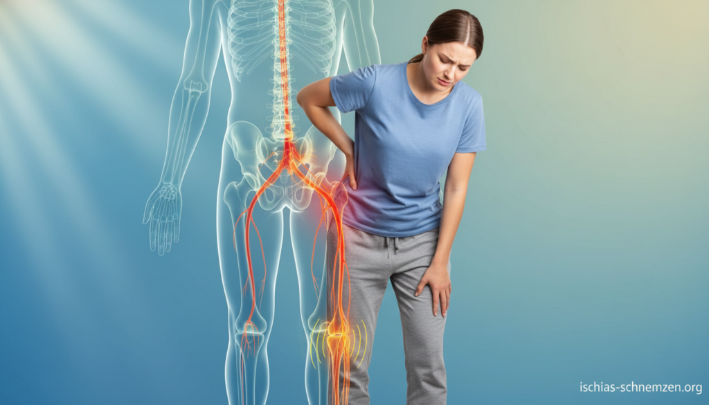 A detailed illustration depicting the symptoms of sciatica pain focused on the lower back, buttocks, and leg areas. In the foreground, a person in modest casual clothing is gently holding their lower back, showcasing a look of discomfort. In the middle ground, an anatomical diagram of the sciatic nerve is subtly integrated, highlighting its path from the spine through the buttock and down the leg. The background is a soft gradient of calming colors, suggesting a clinical yet soothing environment. Soft, diffused lighting enhances the professional feel of the image. The composition aims to convey a sense of empathy and understanding regarding the pain associated with sciatica. Include the brand name "ischias-schmerzen.org" subtly in the design without drawing attention from the primary focus. A detailed illustration depicting the symptoms of sciatica pain focused on the lower back, buttocks, and leg areas. In the foreground, a person in modest casual clothing is gently holding their lower back, showcasing a look of discomfort. In the middle ground, an anatomical diagram of the sciatic nerve is subtly integrated, highlighting its path from the spine through the buttock and down the leg. The background is a soft gradient of calming colors, suggesting a clinical yet soothing environment. Soft, diffused lighting enhances the professional feel of the image. The composition aims to convey a sense of empathy and understanding regarding the pain associated with sciatica. Include the brand name "ischias-schmerzen.org" subtly in the design without drawing attention from the primary focus.