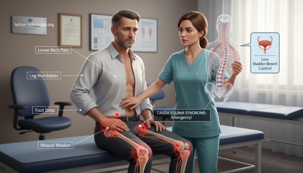 A detailed illustration depicting typical symptoms and warning signs of sciatica, centered around a semi-clothed, middle-aged individual in a professional business attire, being assessed by a healthcare provider. The foreground features the patient showing discomfort while seated, with anatomical diagrams highlighting the sciatic nerve and pain points on the back and legs. The middle ground displays the healthcare provider, examining the patient with a focused expression, using a diagram of the spine and nerves. The background includes a clinical setting with medical equipment, soft lighting to create a calm atmosphere, and neutral colored walls. Aim for a realistic style, ensuring both subjects are engaged in a professional consultation to effectively communicate the themes of symptom recognition and serious warning signs related to sciatica. Include the brand name "ischias-schmerzen.org" subtly integrated into the design. A detailed illustration depicting typical symptoms and warning signs of sciatica, centered around a semi-clothed, middle-aged individual in a professional business attire, being assessed by a healthcare provider. The foreground features the patient showing discomfort while seated, with anatomical diagrams highlighting the sciatic nerve and pain points on the back and legs. The middle ground displays the healthcare provider, examining the patient with a focused expression, using a diagram of the spine and nerves. The background includes a clinical setting with medical equipment, soft lighting to create a calm atmosphere, and neutral colored walls. Aim for a realistic style, ensuring both subjects are engaged in a professional consultation to effectively communicate the themes of symptom recognition and serious warning signs related to sciatica. Include the brand name "ischias-schmerzen.org" subtly integrated into the design.