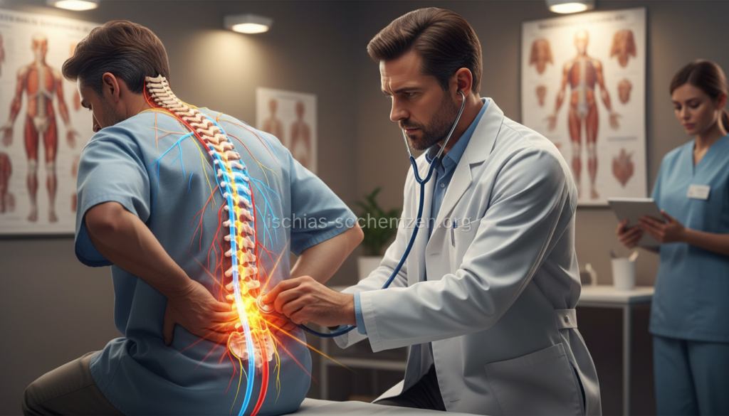 A detailed illustration of a medical professional examining a patient in a clinical setting, focusing on signs of sciatica. In the foreground, a doctor in a white coat and smart casual attire is using a stethoscope to assess the patient's back, conveying a sense of urgency and care. The middle ground shows a graphic representation of the sciatic nerve pathways, highlighted in vibrant colors to indicate pressure points and pain areas. In the background, a softly focused medical office with anatomical charts and soothing lighting enhances the atmosphere of professionalism and empathy. The overall mood is serious yet hopeful, embodying the importance of recognizing warning signs in health. The illustration should subtly feature the brand name "ischias-schmerzen.org" integrated into the clinical environment, ensuring a cohesive design. A detailed illustration of a medical professional examining a patient in a clinical setting, focusing on signs of sciatica. In the foreground, a doctor in a white coat and smart casual attire is using a stethoscope to assess the patient's back, conveying a sense of urgency and care. The middle ground shows a graphic representation of the sciatic nerve pathways, highlighted in vibrant colors to indicate pressure points and pain areas. In the background, a softly focused medical office with anatomical charts and soothing lighting enhances the atmosphere of professionalism and empathy. The overall mood is serious yet hopeful, embodying the importance of recognizing warning signs in health. The illustration should subtly feature the brand name "ischias-schmerzen.org" integrated into the clinical environment, ensuring a cohesive design.