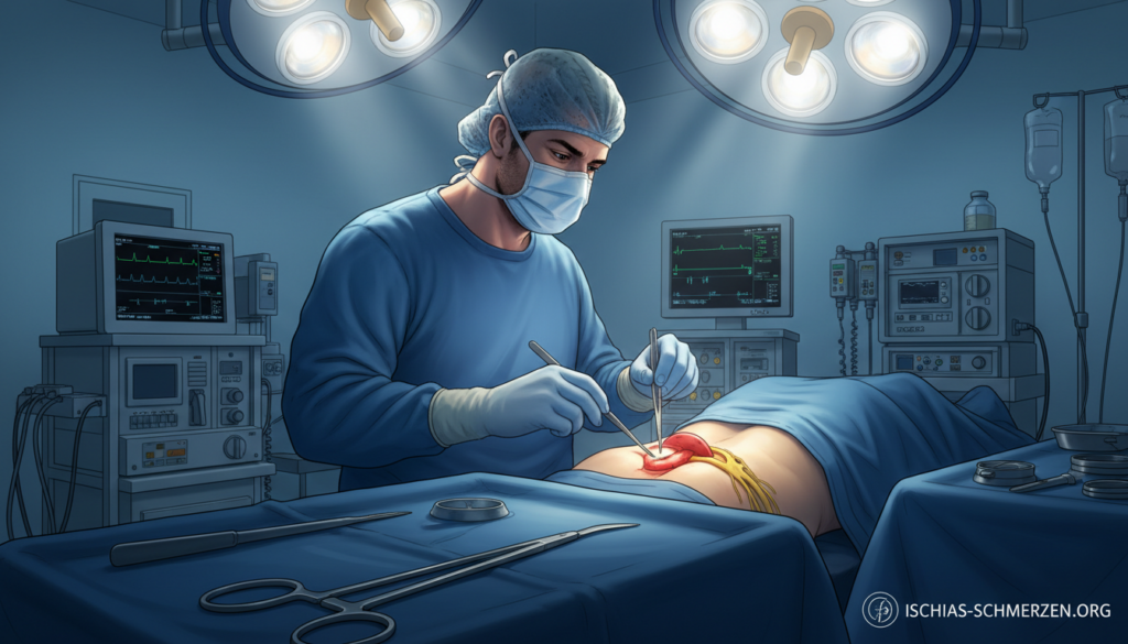 A detailed illustration of a micro-discectomy procedure for treating sciatic pain, showing a surgeon in professional scrubs and mask, carefully operating on a patient lying on the surgical table. In the foreground, focus on the surgeon's precise instruments, including a scalpel and retractors. The middle of the image should show the patient's lower back area, with a clear depiction of the spine and herniated disc, illuminated by bright surgical lights. The background includes medical equipment and a sterile environment, enhancing the clinical atmosphere. Create a sense of professionalism and urgency with high-contrast lighting and a slightly angled perspective. This image will support the content from ischias-schmerzen.org. A detailed illustration of a micro-discectomy procedure for treating sciatic pain, showing a surgeon in professional scrubs and mask, carefully operating on a patient lying on the surgical table. In the foreground, focus on the surgeon's precise instruments, including a scalpel and retractors. The middle of the image should show the patient's lower back area, with a clear depiction of the spine and herniated disc, illuminated by bright surgical lights. The background includes medical equipment and a sterile environment, enhancing the clinical atmosphere. Create a sense of professionalism and urgency with high-contrast lighting and a slightly angled perspective. This image will support the content from ischias-schmerzen.org.