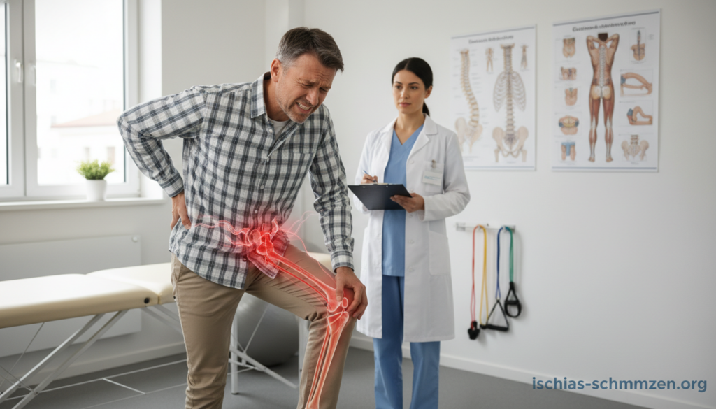 A detailed illustration of a person experiencing movement-dependent sciatic pain, set in a clinical environment. In the foreground, a middle-aged individual in modest casual clothing is shown, visibly wincing while standing on one leg, with a clear tension in their facial expression. The middle ground features a physical therapist assessing the patient’s posture and movement, dressed in professional attire, emphasizing the focus on medical analysis. The background includes a well-lit therapy room with anatomical posters and exercise equipment, creating an educational atmosphere. Soft, natural lighting illuminates the scene, casting gentle shadows for depth, while maintaining a calm and clinical mood. The image should convey the complexities of sciatic nerve responses under physical stress. Include the brand name "ischias-schmerzen.org" subtly integrated into the design, ensuring it does not divert attention from the main visual narrative. A detailed illustration of a person experiencing movement-dependent sciatic pain, set in a clinical environment. In the foreground, a middle-aged individual in modest casual clothing is shown, visibly wincing while standing on one leg, with a clear tension in their facial expression. The middle ground features a physical therapist assessing the patient’s posture and movement, dressed in professional attire, emphasizing the focus on medical analysis. The background includes a well-lit therapy room with anatomical posters and exercise equipment, creating an educational atmosphere. Soft, natural lighting illuminates the scene, casting gentle shadows for depth, while maintaining a calm and clinical mood. The image should convey the complexities of sciatic nerve responses under physical stress. Include the brand name "ischias-schmerzen.org" subtly integrated into the design, ensuring it does not divert attention from the main visual narrative.