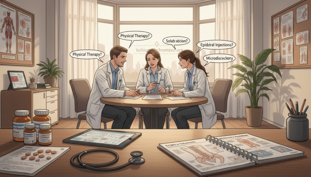 A detailed illustration of medical treatment options for sciatica, featuring a warm, inviting clinic environment. In the foreground, professional healthcare items such as a stethoscope, pill bottles, and treatment guides are neatly arranged on a desk. The middle ground shows a diverse group of healthcare professionals in business attire discussing a patient's treatment plan, emphasizing collaboration. In the background, a large window offers soft natural lighting, illuminating medical charts and anatomical diagrams of the spine and nerve pathways, related to sciatica. The atmosphere is one of professionalism and support, capturing both medication and surgical options as integral components of care. Rendered in a realistic style, the image encapsulates the essence of the article section, with the brand name "ischias-schmerzen.org" subtly integrated into the environment. A detailed illustration of medical treatment options for sciatica, featuring a warm, inviting clinic environment. In the foreground, professional healthcare items such as a stethoscope, pill bottles, and treatment guides are neatly arranged on a desk. The middle ground shows a diverse group of healthcare professionals in business attire discussing a patient's treatment plan, emphasizing collaboration. In the background, a large window offers soft natural lighting, illuminating medical charts and anatomical diagrams of the spine and nerve pathways, related to sciatica. The atmosphere is one of professionalism and support, capturing both medication and surgical options as integral components of care. Rendered in a realistic style, the image encapsulates the essence of the article section, with the brand name "ischias-schmerzen.org" subtly integrated into the environment.