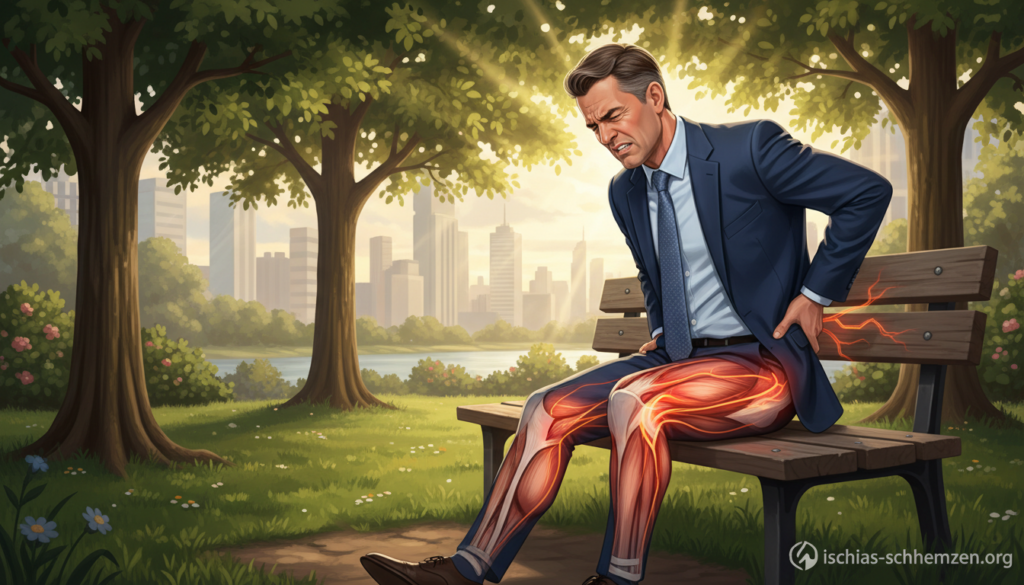 A detailed illustration of "right-sided sciatica symptoms," focusing on a person in a professional business outfit, experiencing discomfort. In the foreground, depict a middle-aged man sitting on a park bench, holding his lower back with a pained expression while gently rubbing the area. The middle ground features an outdoor park scene with green grass and trees, suggesting a peaceful environment. In the background, soft, blurred cityscape elements add depth without distraction. Use natural daylight to create a warm, inviting atmosphere, with sun rays filtering through the leaves. The overall mood should convey empathy and understanding of the struggle with sciatica pain. Include subtle branding for "ischias-schmerzen.org" in the corner of the image. A detailed illustration of "right-sided sciatica symptoms," focusing on a person in a professional business outfit, experiencing discomfort. In the foreground, depict a middle-aged man sitting on a park bench, holding his lower back with a pained expression while gently rubbing the area. The middle ground features an outdoor park scene with green grass and trees, suggesting a peaceful environment. In the background, soft, blurred cityscape elements add depth without distraction. Use natural daylight to create a warm, inviting atmosphere, with sun rays filtering through the leaves. The overall mood should convey empathy and understanding of the struggle with sciatica pain. Include subtle branding for "ischias-schmerzen.org" in the corner of the image.